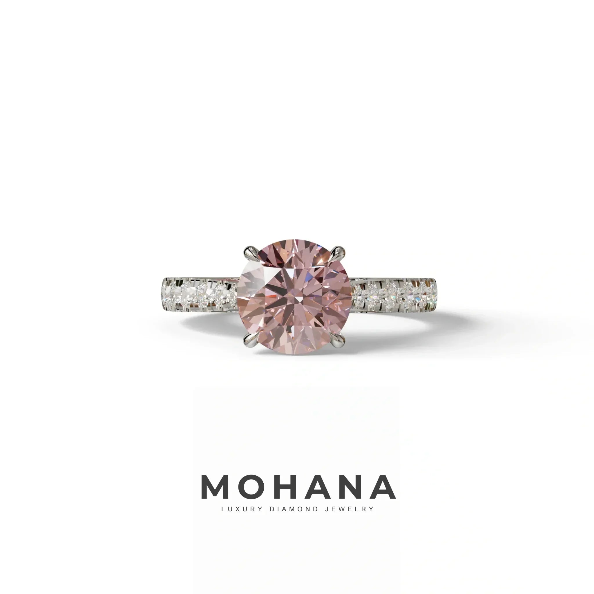 2 Carat Round Cut Pink Lab Grown Diamond Engagement Ring | Hidden Halo & Pave - Brilliant - 10K Solid Gold / White Gold