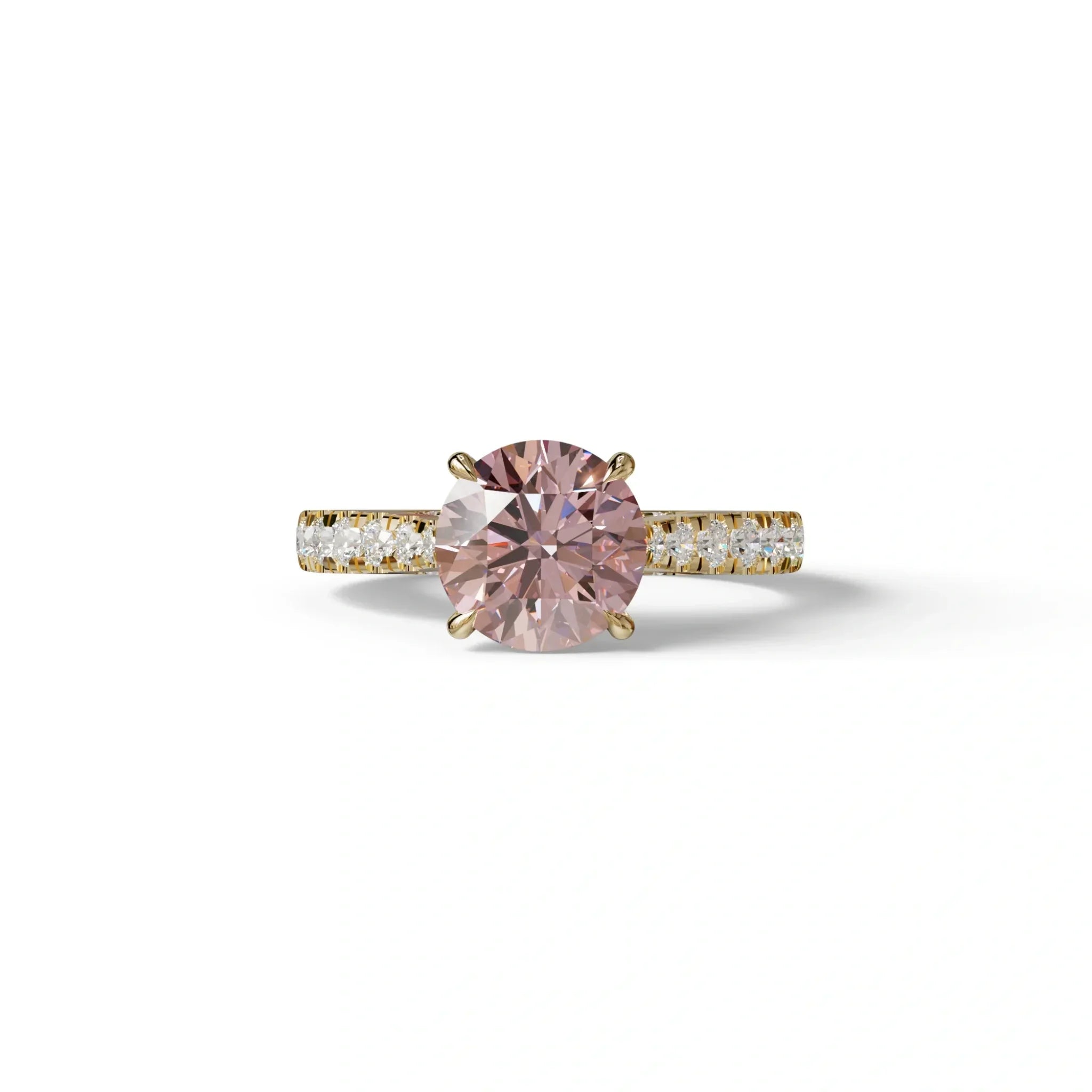 2 Carat Round Cut Pink Lab Grown Diamond Engagement Ring | Hidden Halo & Pave - Brilliant - 10K Solid Gold / Yellow Gold