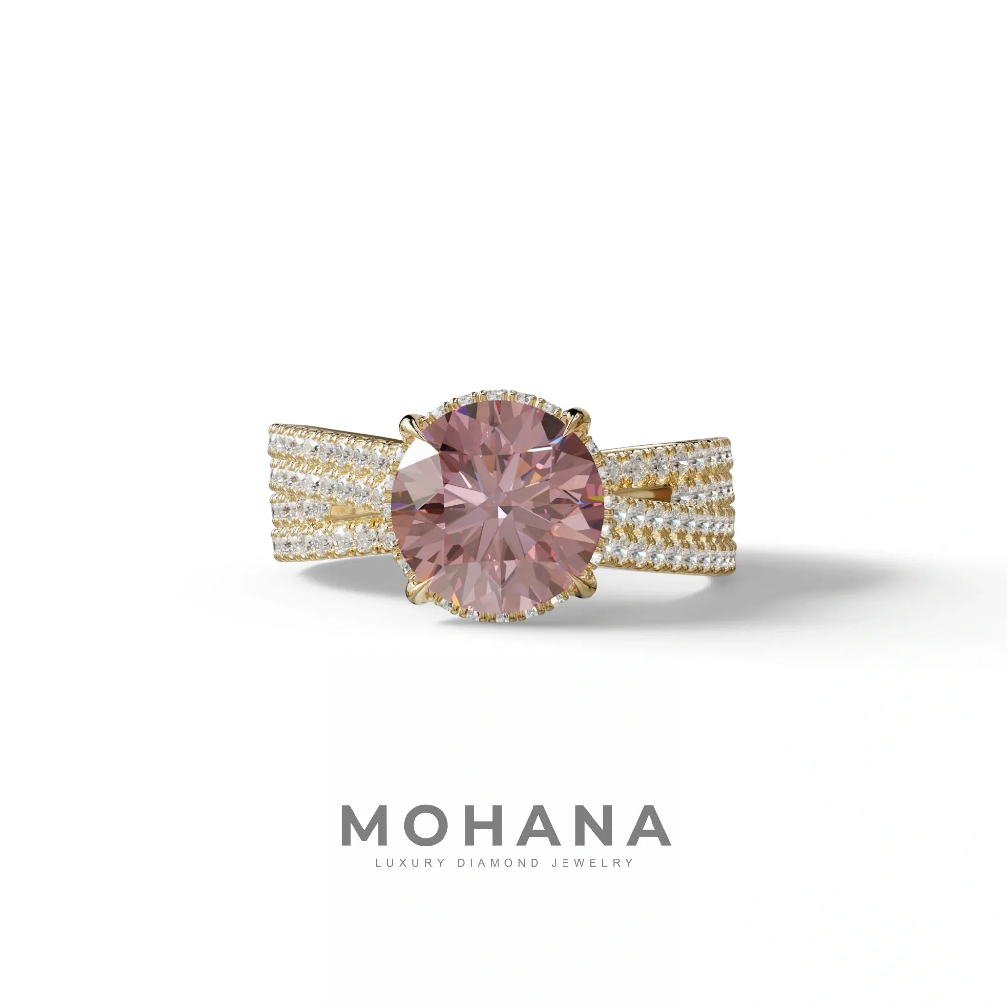 2 Carat Pink Round Cut Hidden Halo Lab & Pave Lab Diamond Ring - Je t’aime - 10K Solid Gold / Yellow Gold