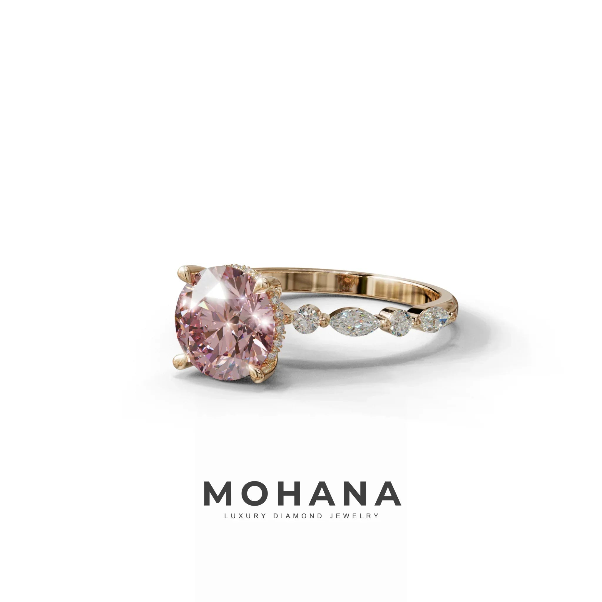 2 Carat Pink Round Cut Hidden Halo & Pave Set Lab Diamond Ring - Pure Origin