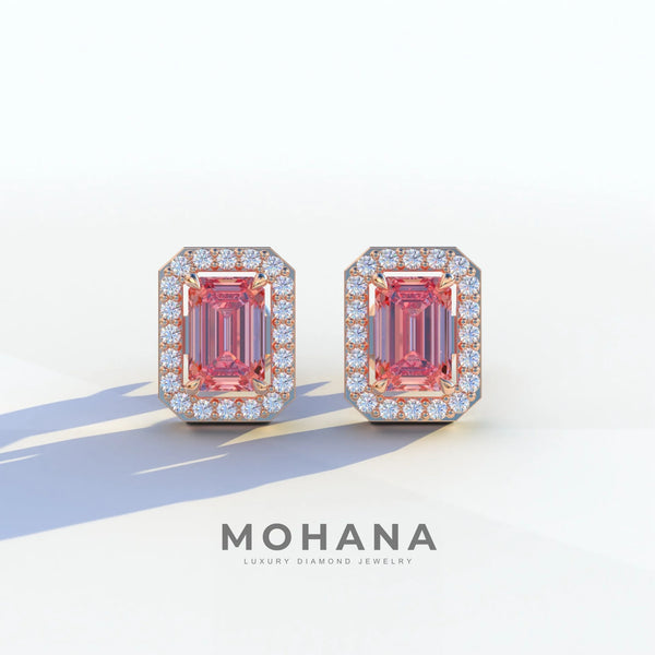 2 Carat Pink Lab Grown Diamond Stud Earrings – Emerald Cut Halo | Hailey alternate view