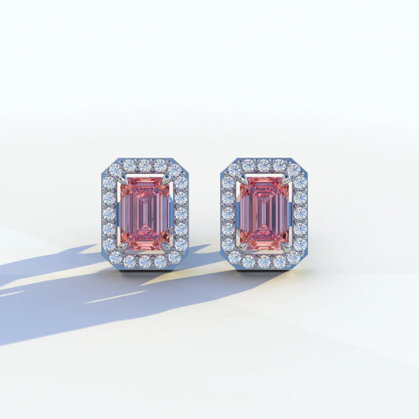 2 Carat Pink Lab Grown Diamond Stud Earrings – Emerald Cut Halo | Hailey
