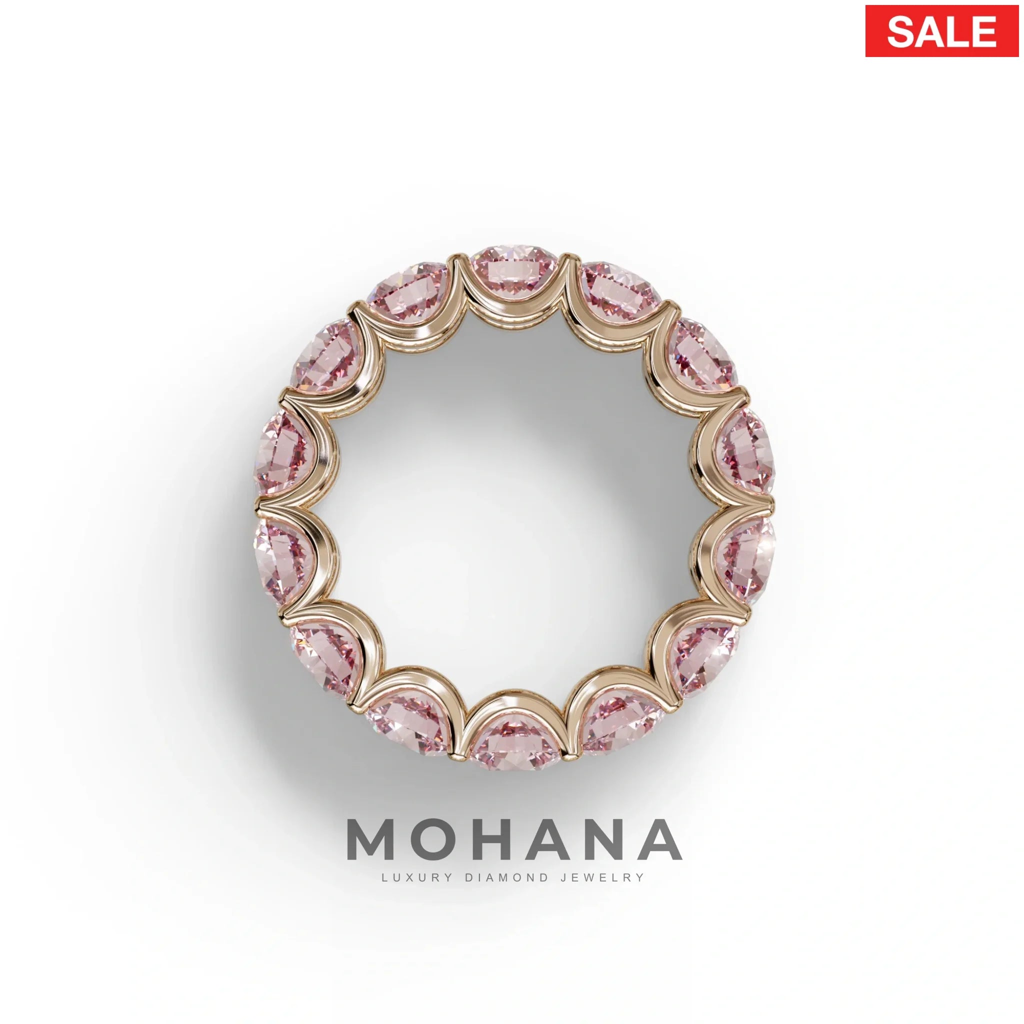 Pink Round Brilliant Diamond Full Eternity Band in 18k Yellow Gold – Scalloped U-Prong Setting
