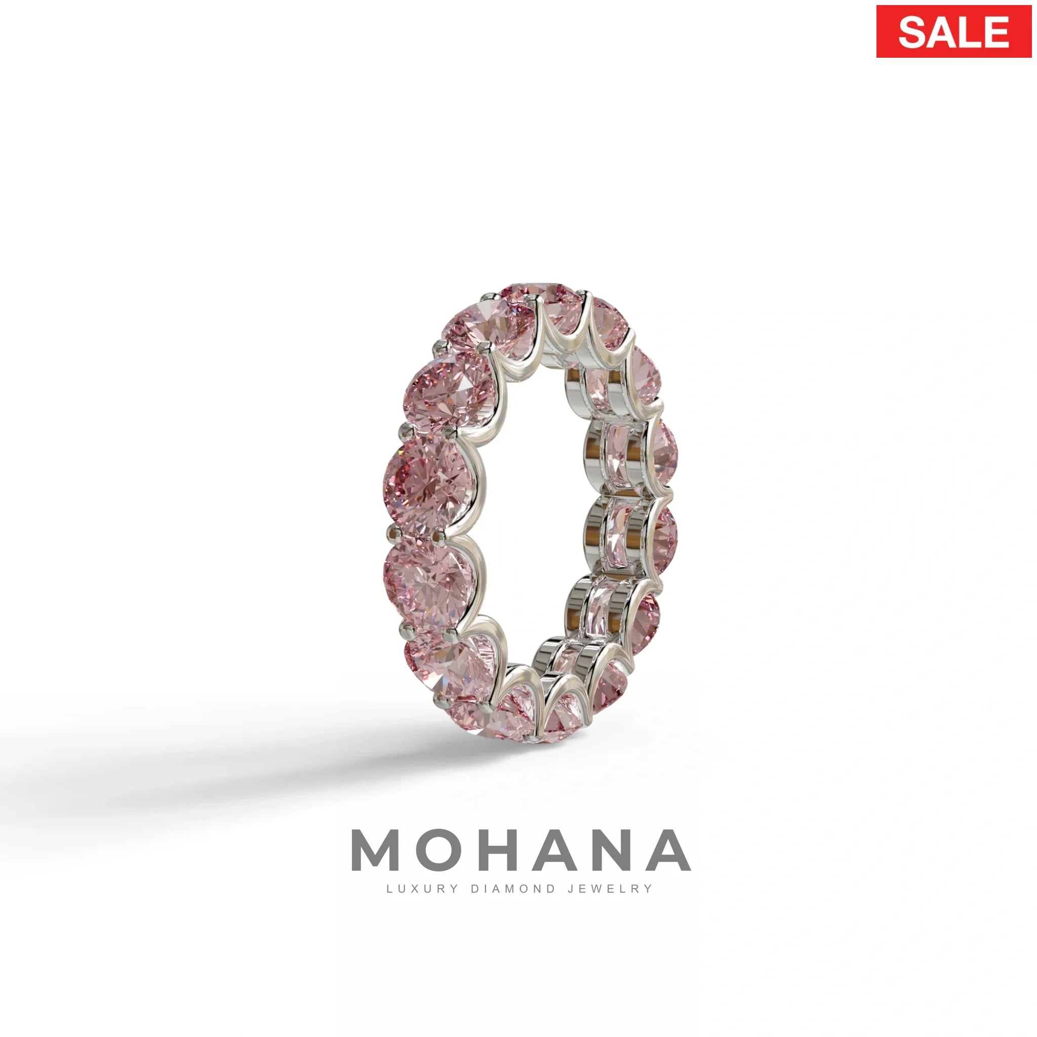 Pink Round Brilliant Diamond Full Eternity Band in 18k Yellow Gold – Scalloped U-Prong Setting