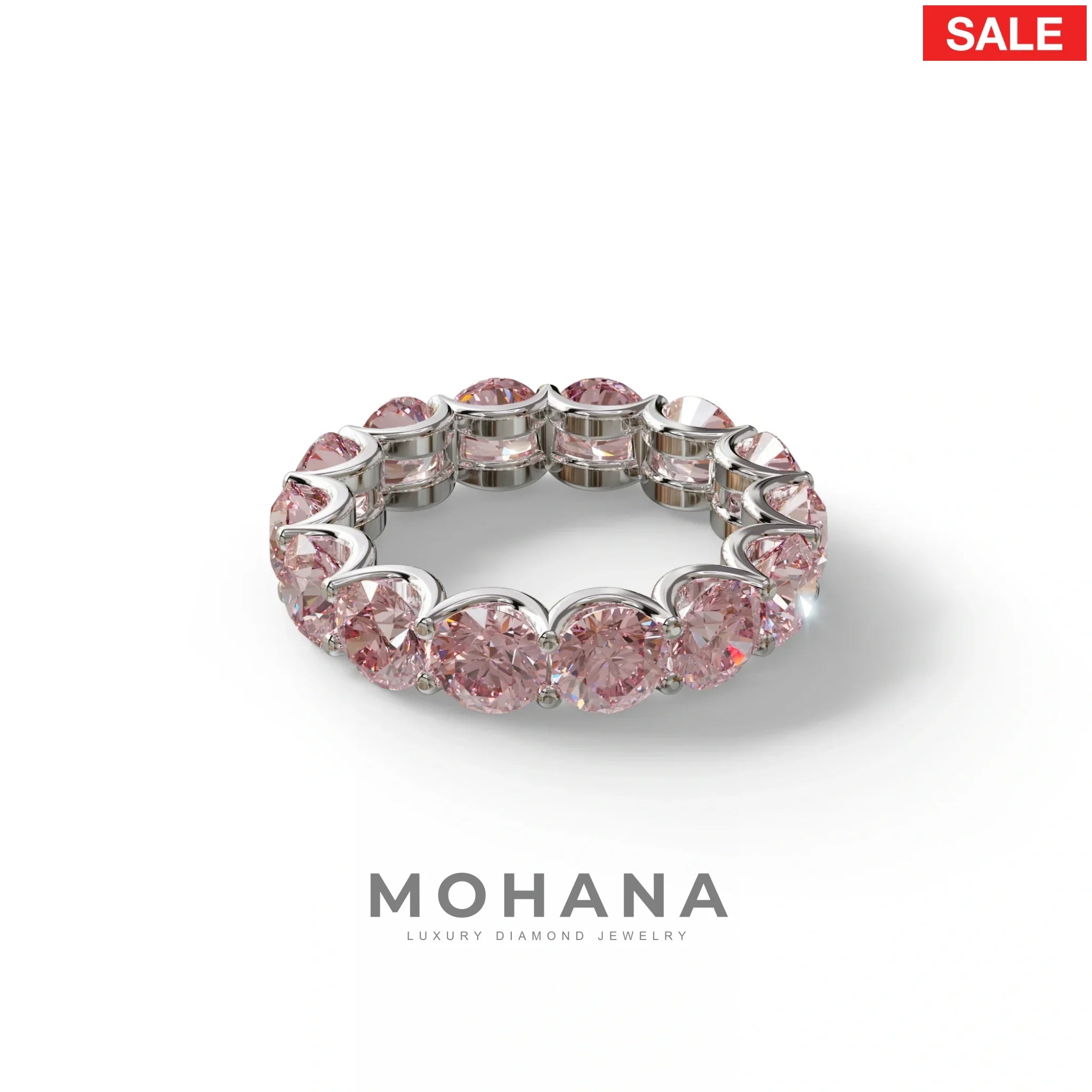 Pink Round Brilliant Diamond Full Eternity Band in 18k Yellow Gold – Scalloped U-Prong Setting