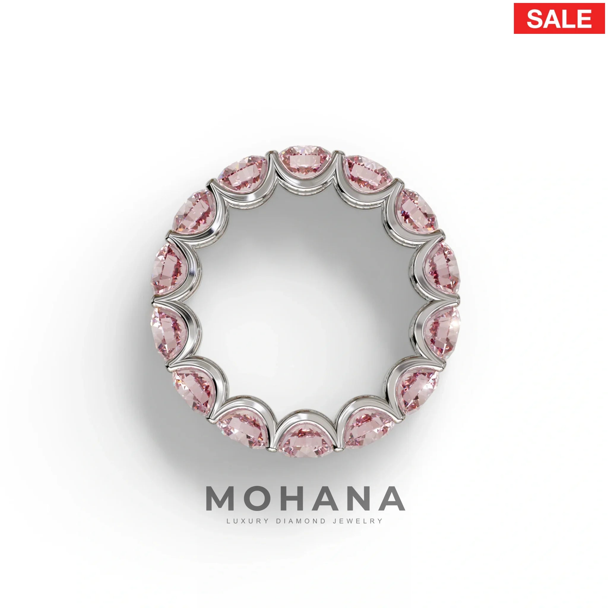 Pink Round Brilliant Diamond Full Eternity Band in 18k Yellow Gold – Scalloped U-Prong Setting