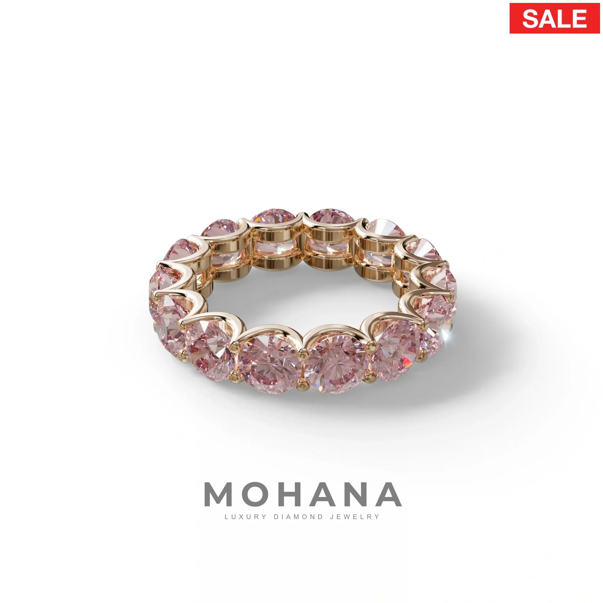 Pink Round Brilliant Diamond Full Eternity Band in 18k Yellow Gold – Scalloped U-Prong Setting