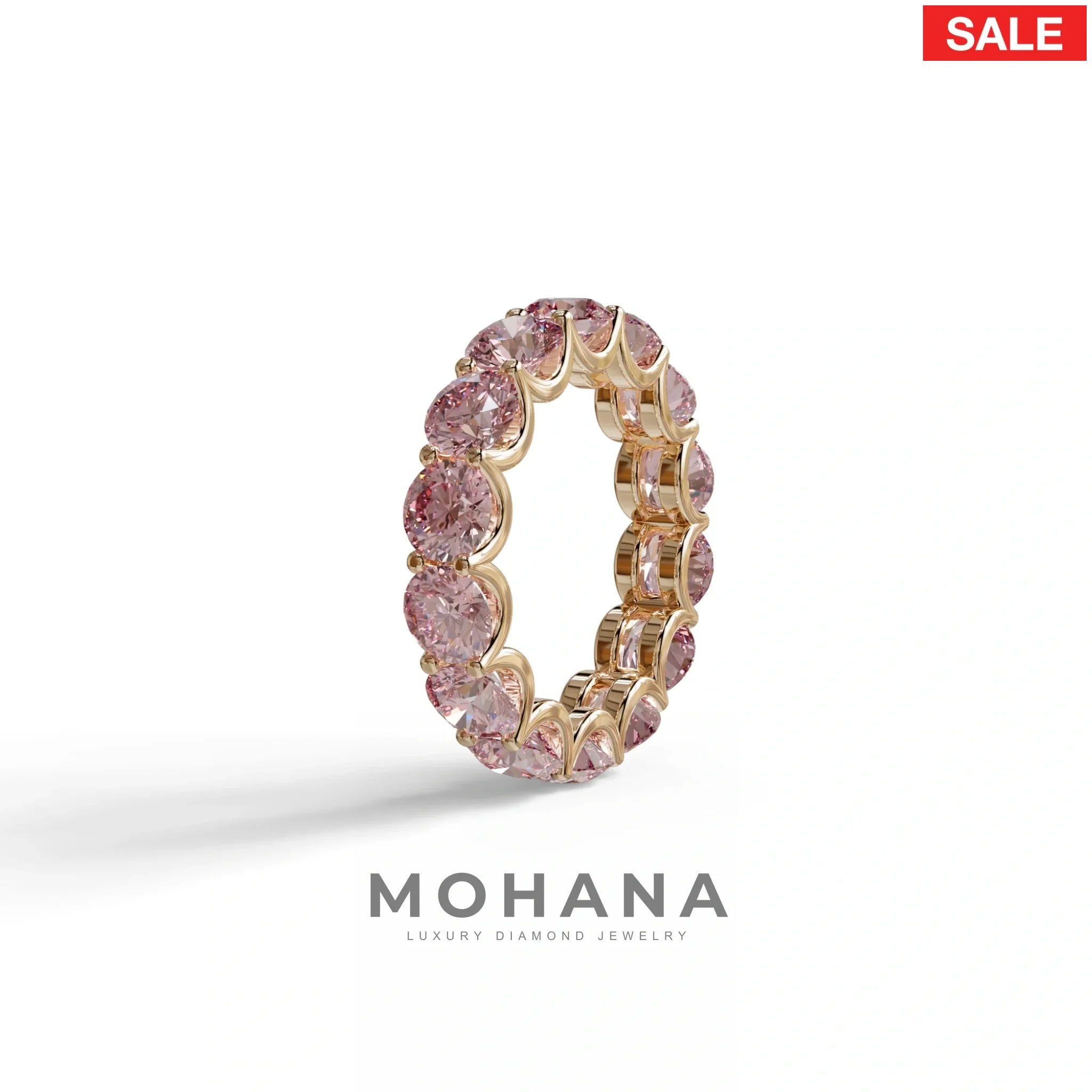 Pink Round Brilliant Diamond Full Eternity Band in 18k Yellow Gold – Scalloped U-Prong Setting