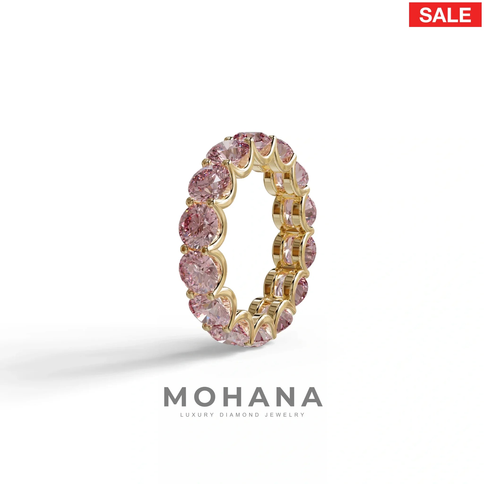 Pink Round Brilliant Diamond Full Eternity Band in 18k Yellow Gold – Scalloped U-Prong Setting