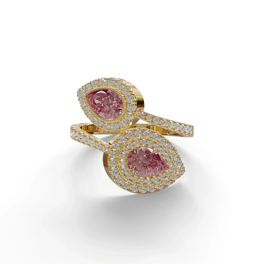 2 Carat Pink Pear Cut Halo & Pave Lab Grown Diamond Ring - Ahurissant - 10K Solid Gold / Yellow Gold
