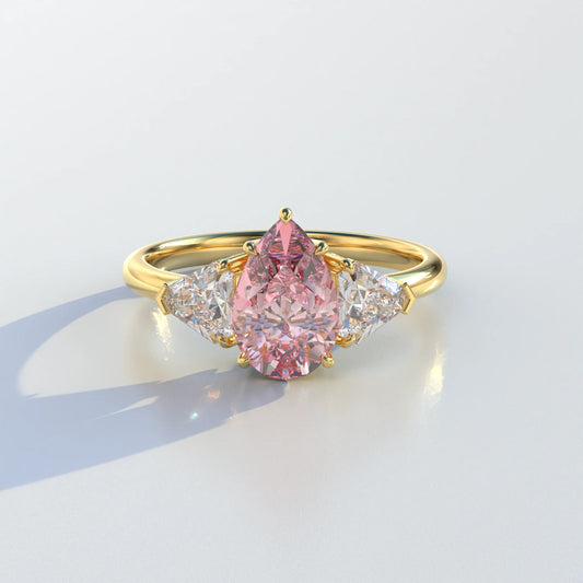 2 Carat Pink Pear Cut Three Stone Lab Diamond Engagement Ring - Elegant - 10K Solid Gold / Yellow Gold