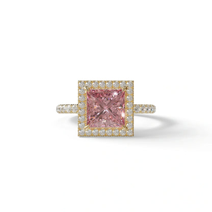 2 Carat Pink Princess Cut Halo & Pave Lab Diamond Ring - Diamond Prime - 10K Solid Gold / Yellow Gold