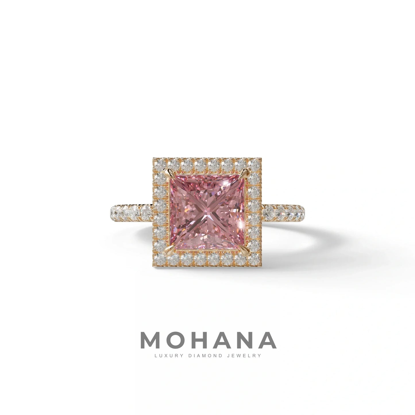 2 Carat Pink Princess Cut Halo & Pave Lab Diamond Ring - Diamond Prime - 10K Solid Gold / Rose Gold