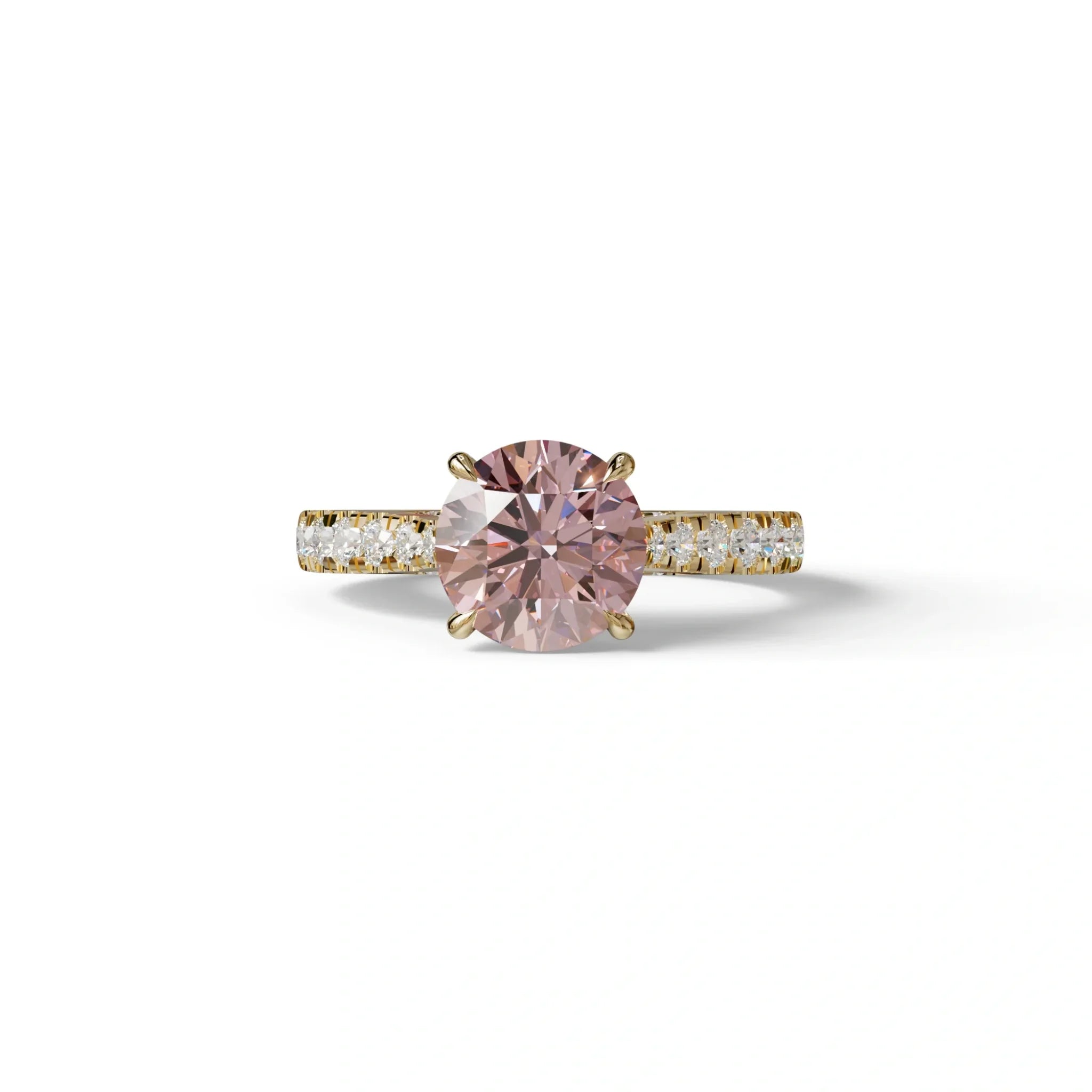 2 Carat Round Cut Pink Lab Grown Diamond Engagement Ring | Hidden Halo & Pave - Brilliant - 10K Solid Gold / Yellow Gold