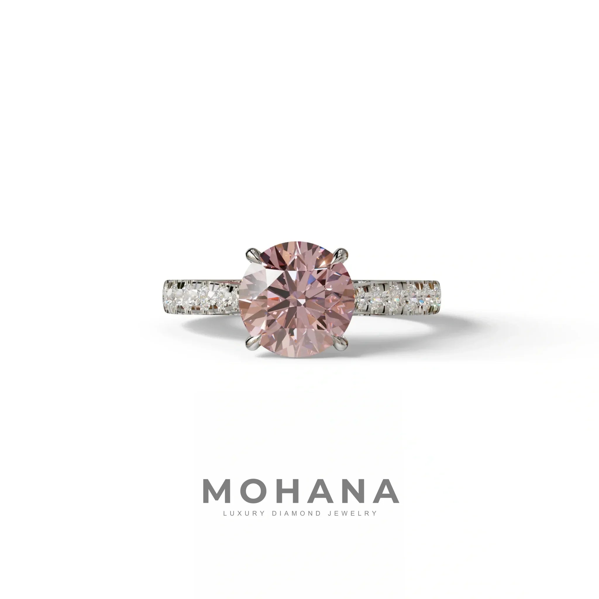 2 Carat Round Cut Pink Lab Grown Diamond Engagement Ring | Hidden Halo & Pave - Brilliant - 10K Solid Gold / White Gold