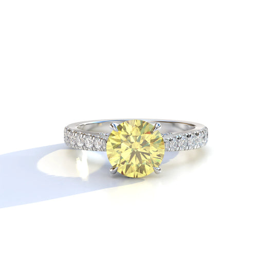 2 Carat Round Cut Yellow Lab Grown Diamond Engagement Ring | Hidden Halo & Pave - Brilliant - 10K Solid Gold / White