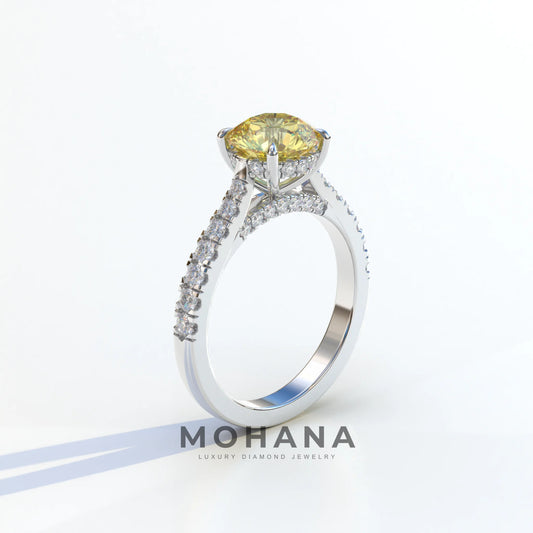 2 Carat Round Cut Yellow Lab Grown Diamond Engagement Ring | Hidden Halo & Pave - Brilliant
