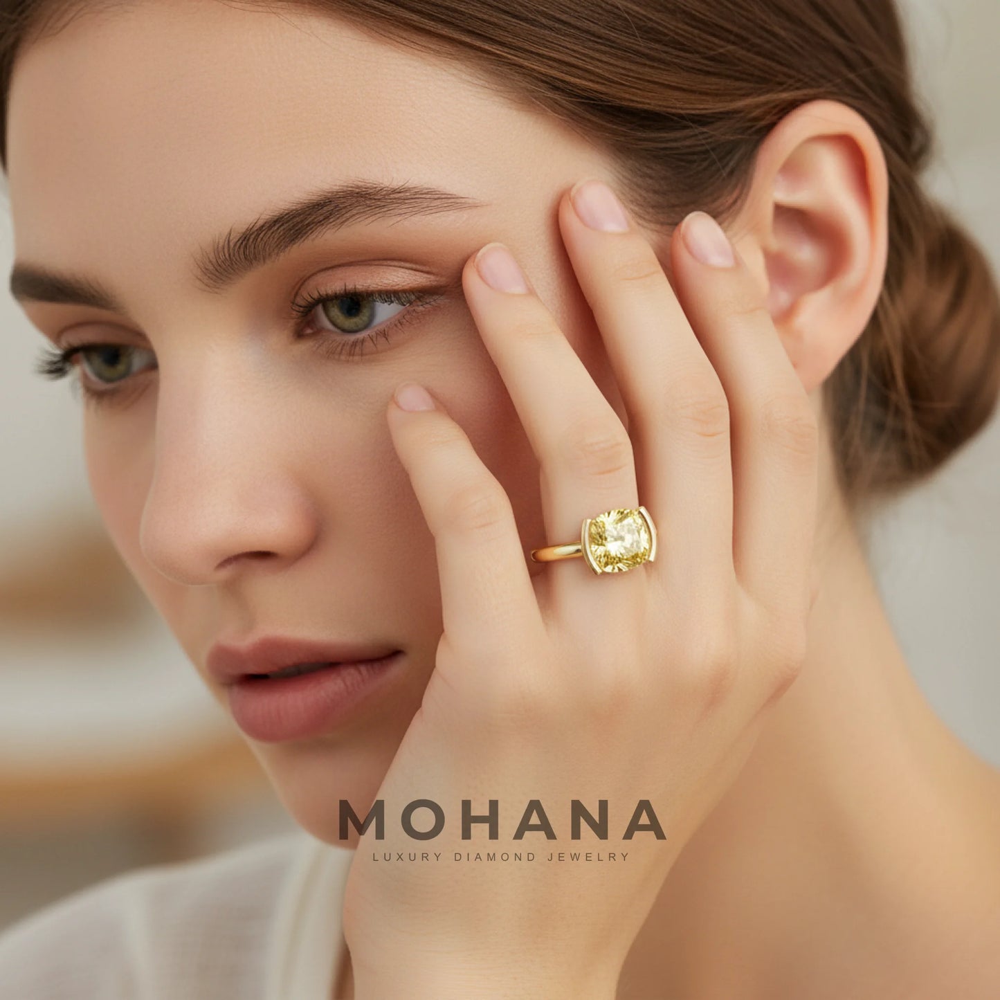 2 Carat Yellow Cushion Cut Lab Grown Diamond Half-Bezel Solitaire Engagement Ring – Ultra Low Profile