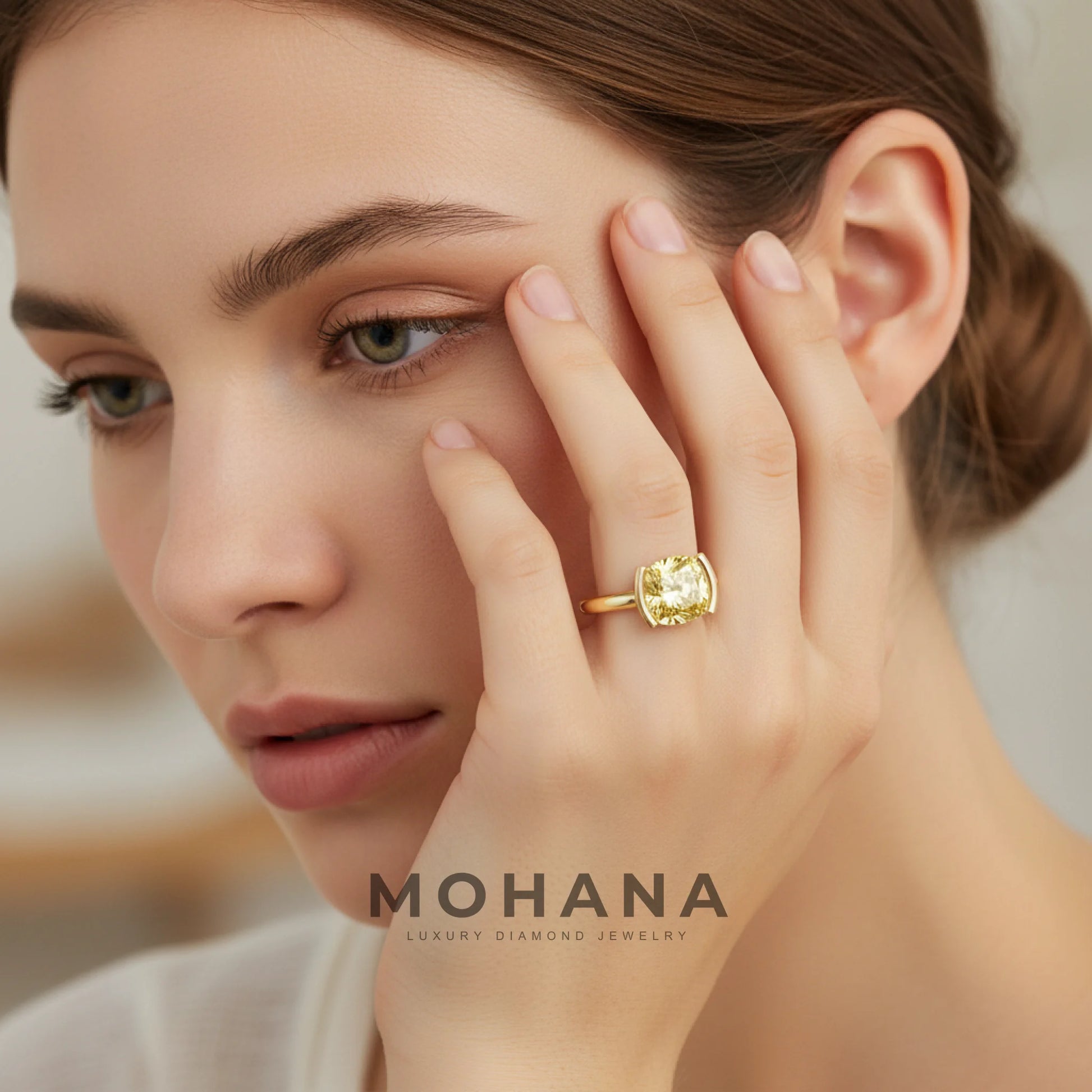 2 Carat Yellow Cushion Cut Lab Grown Diamond Half-Bezel Solitaire Engagement Ring – Ultra Low Profile