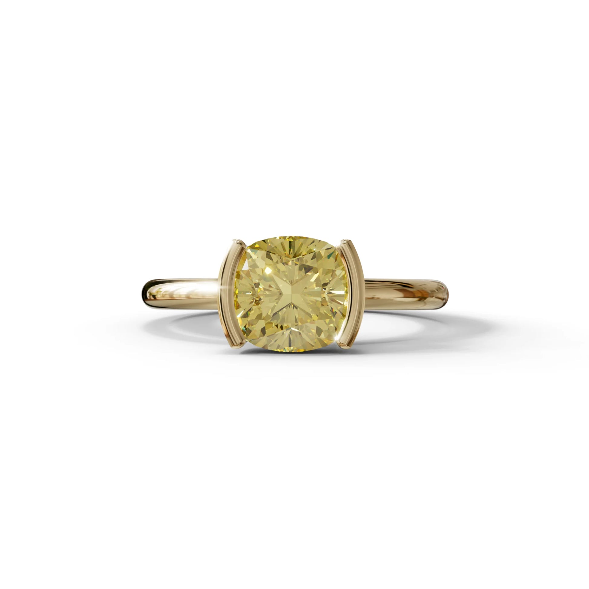 2 Carat Yellow Cushion Diamond Ring - Half Bezel Set Ring - Remi - 10K Solid Gold / Yellow Gold