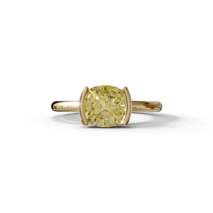 2 Carat Yellow Cushion Diamond Ring - Half Bezel Set Ring - Remi - 10K Solid Gold / Yellow Gold