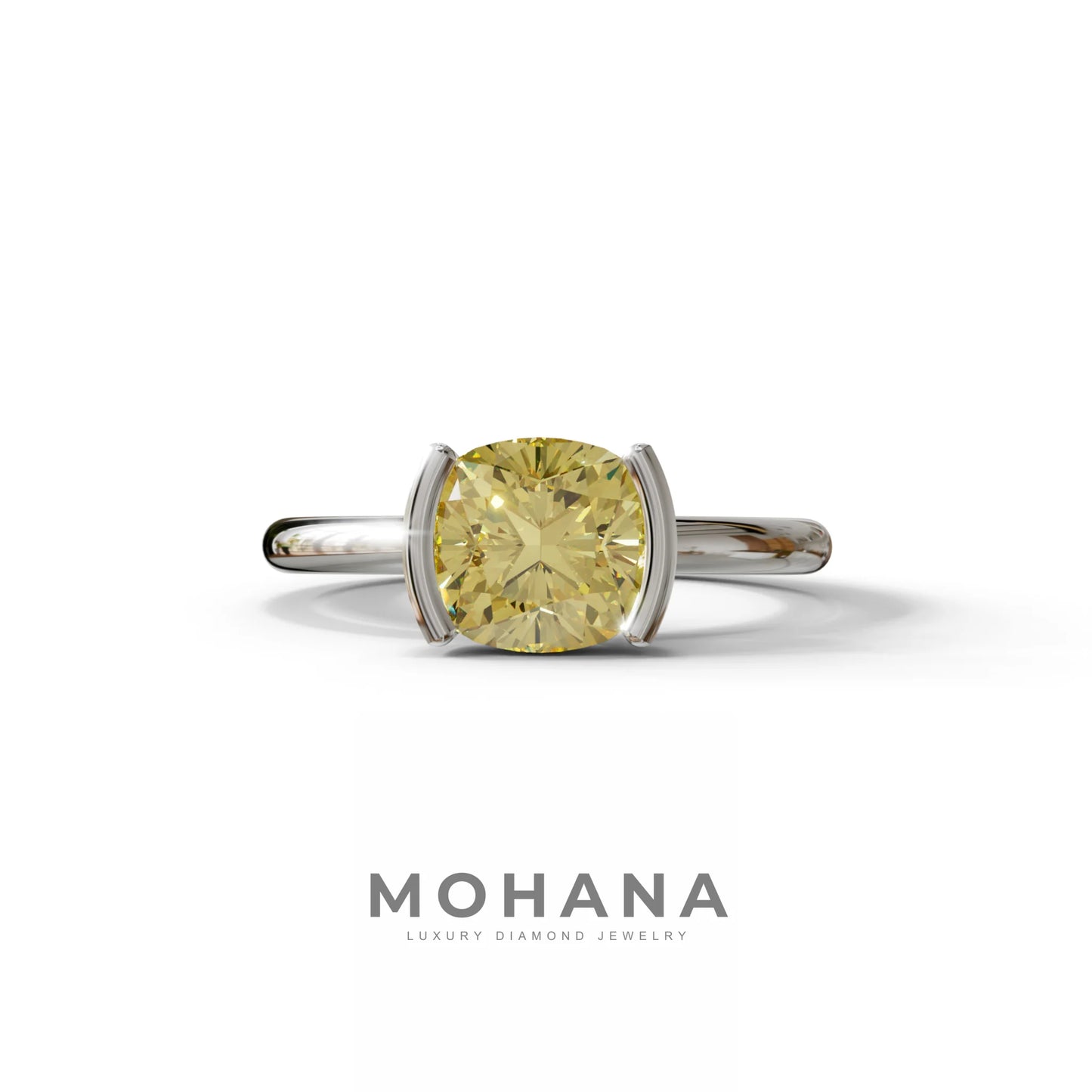2 Carat Yellow Cushion Diamond Ring - Half Bezel Set Ring - Remi - 10K Solid Gold / White Gold