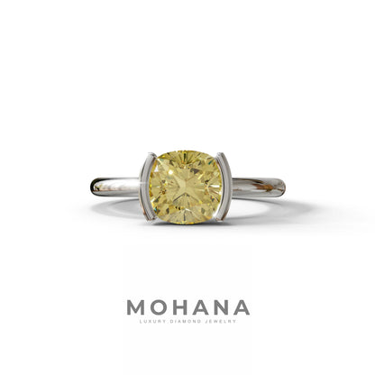 2 Carat Yellow Cushion Diamond Ring - Half Bezel Set Ring - Remi - 10K Solid Gold / White Gold