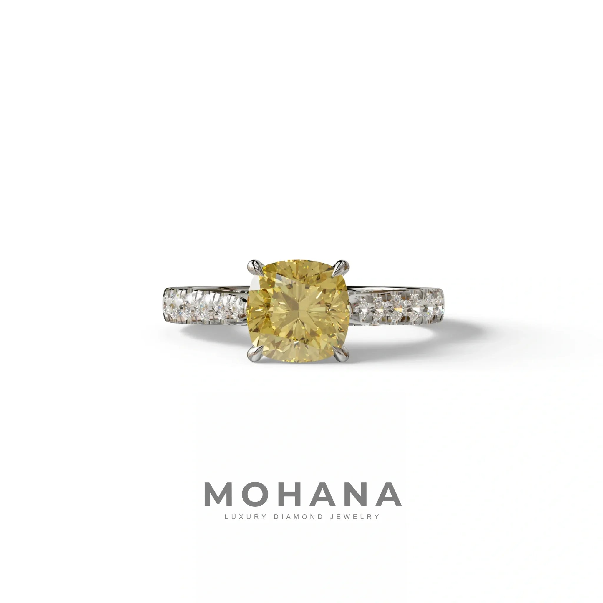 2 Carat Yellow Cushion Cut Lab Diamond Engagement Ring - Leo - 10K Solid Gold / White Gold