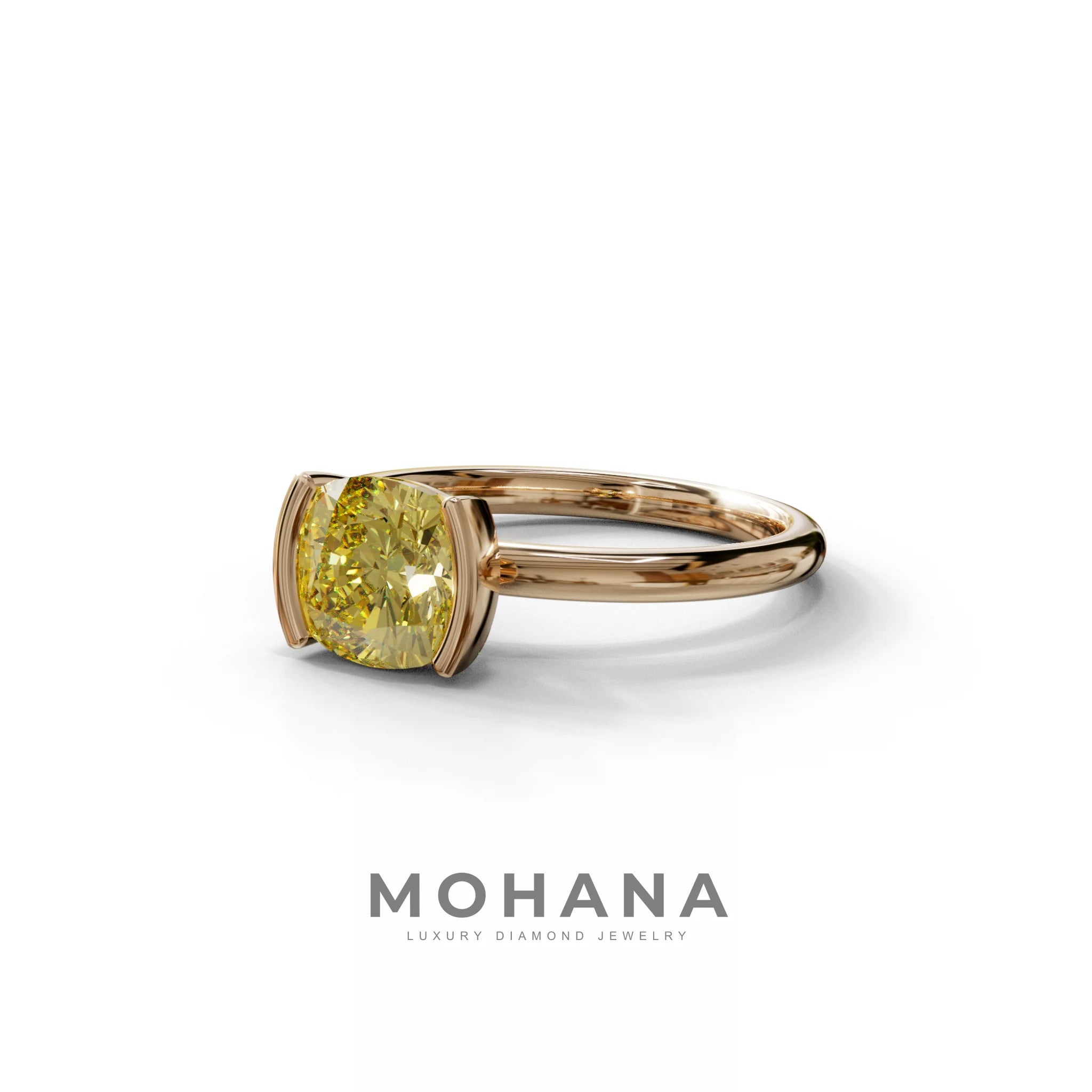 2 Carat Yellow Cushion Diamond Ring - Half Bezel Set Ring - Remi