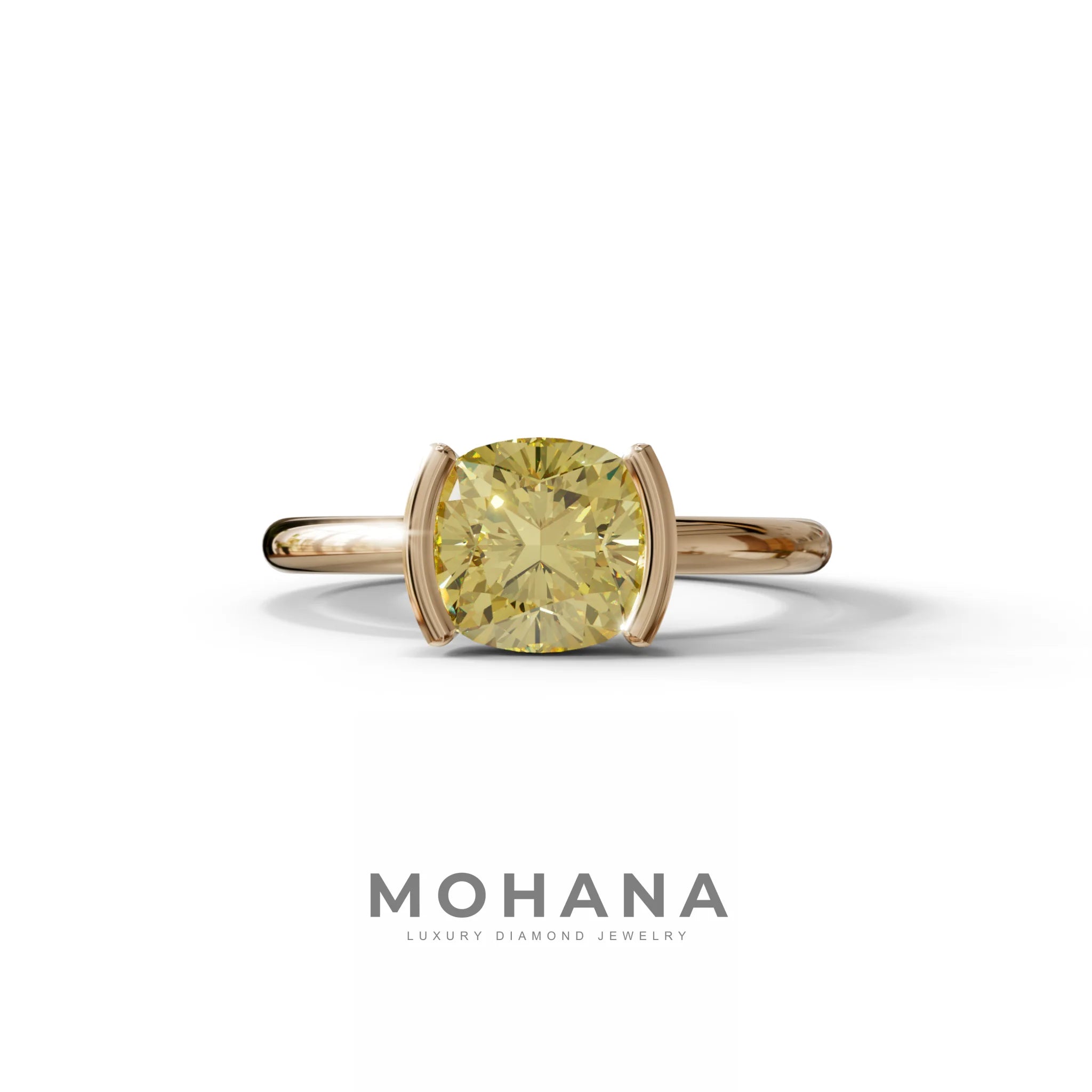 2 Carat Yellow Cushion Diamond Ring - Half Bezel Set Ring - Remi - 10K Solid Gold / Rose Gold