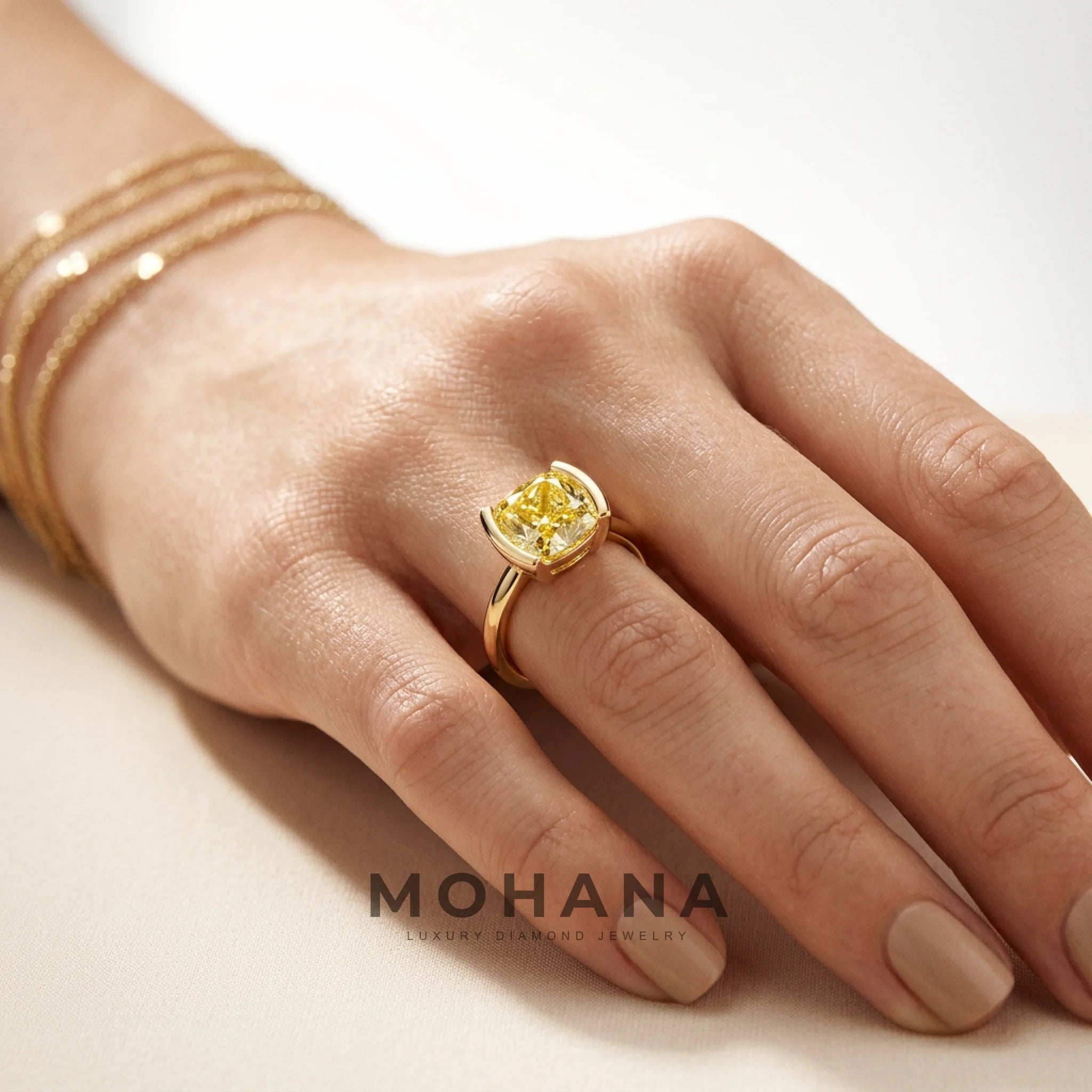 2 Carat Yellow Cushion Cut Lab Grown Diamond Half-Bezel Solitaire Engagement Ring – Ultra Low Profile