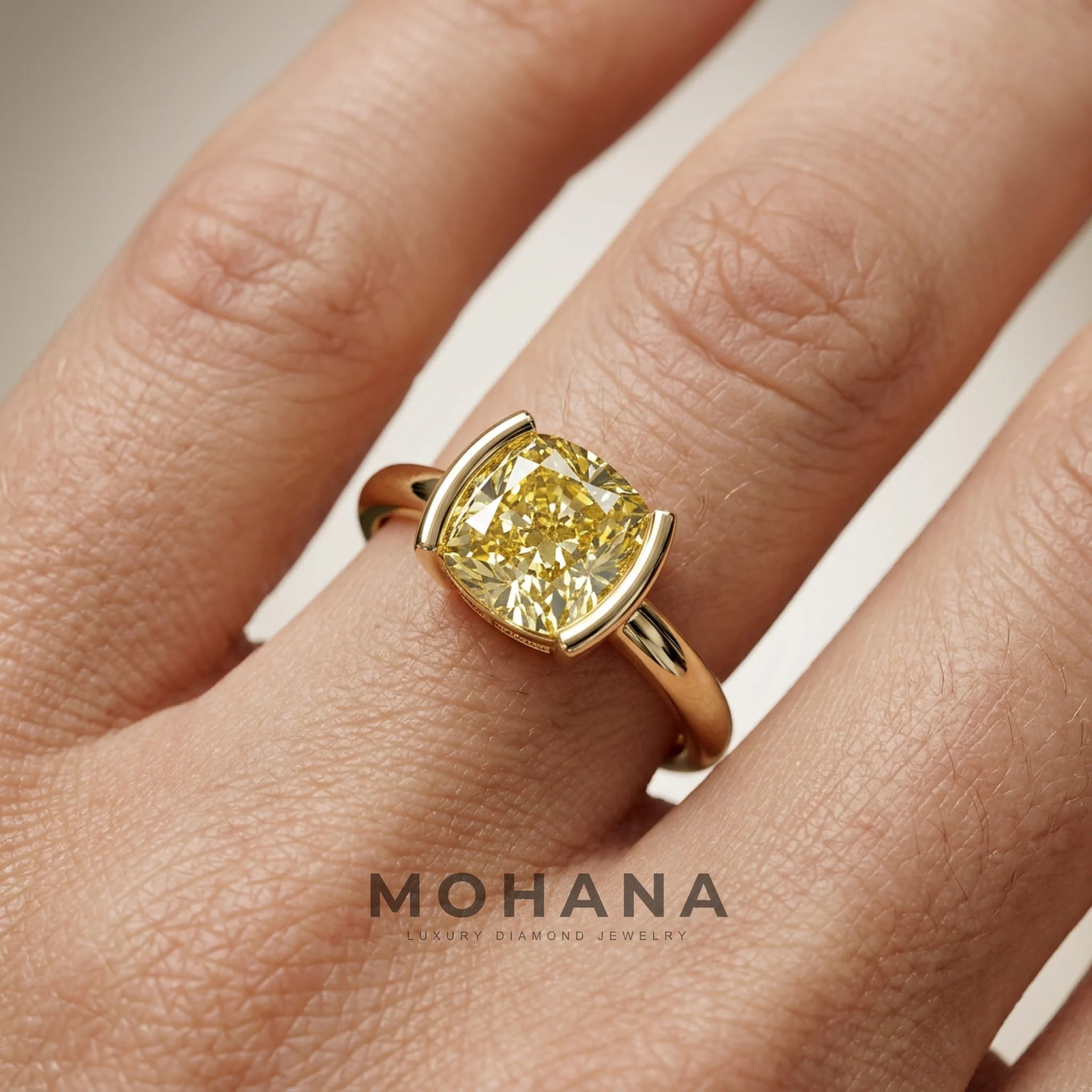 2 Carat Yellow Cushion Cut Lab Grown Diamond Half-Bezel Solitaire Engagement Ring – Ultra Low Profile