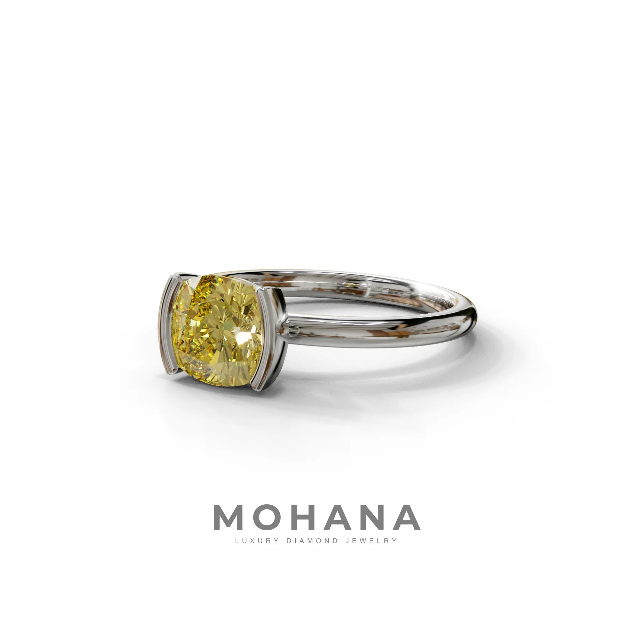 2 Carat Yellow Cushion Diamond Ring - Half Bezel Set Ring - Remi