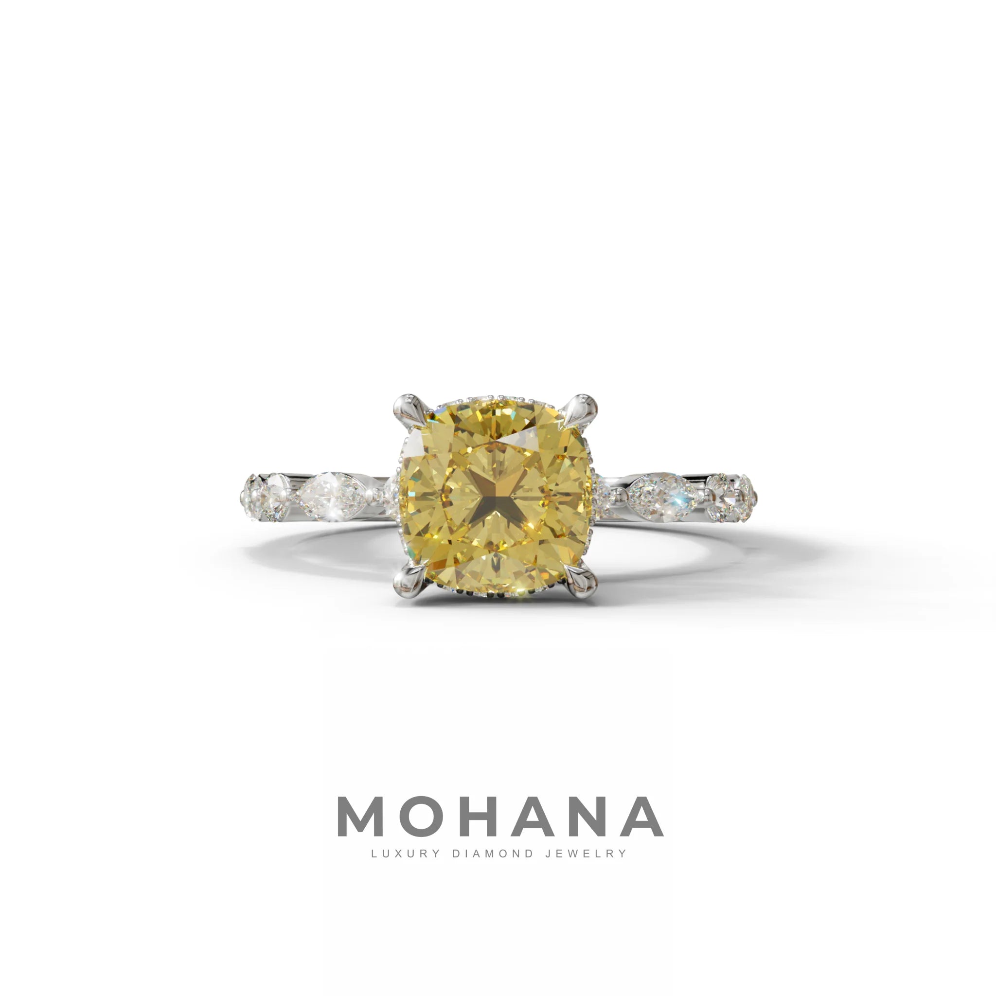 2 Carat Yellow Cushion Cut Hidden Halo & Pave Lab Diamond Ring - Daisy - 10K Solid Gold / White Gold