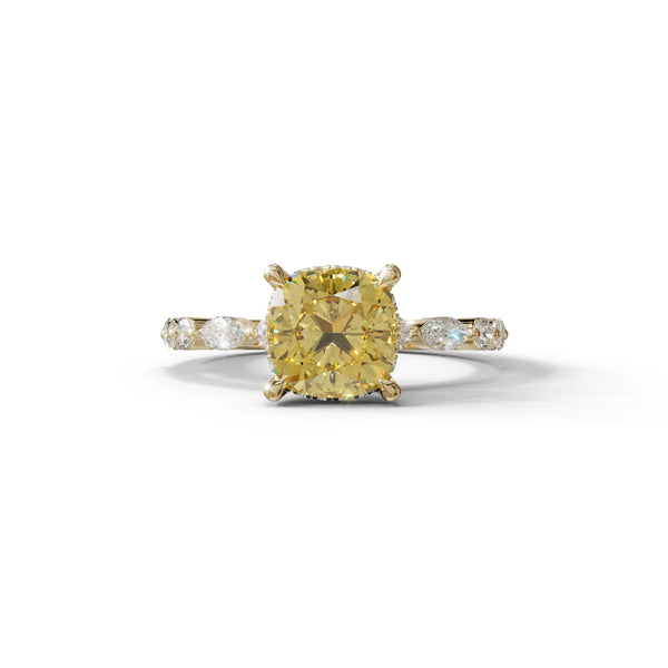 2 Carat Yellow Lab Grown Diamond Engagement Ring – Cushion Cut Hidden Halo
