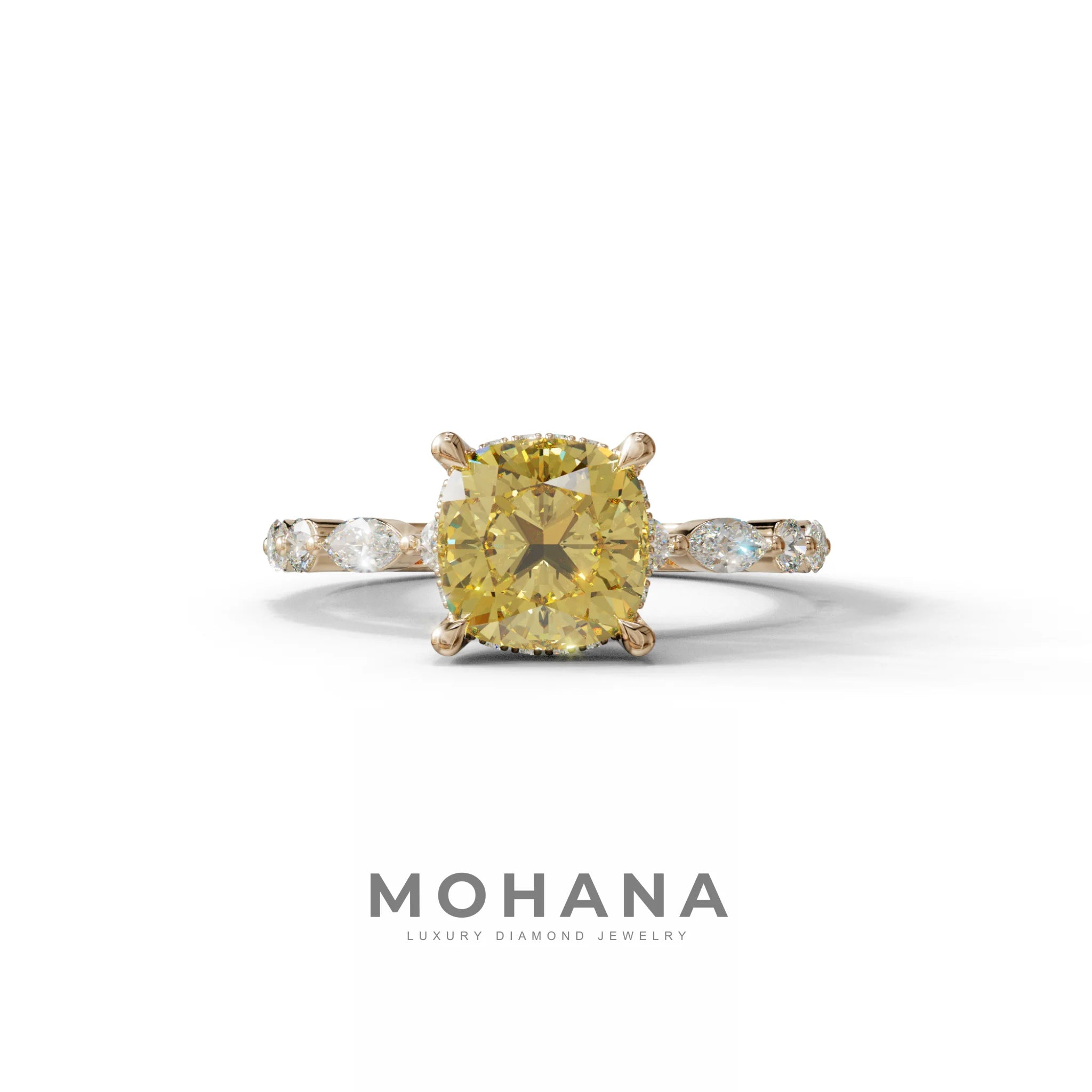 2 Carat Yellow Cushion Cut Hidden Halo & Pave Lab Diamond Ring - Daisy - 10K Solid Gold / Rose Gold