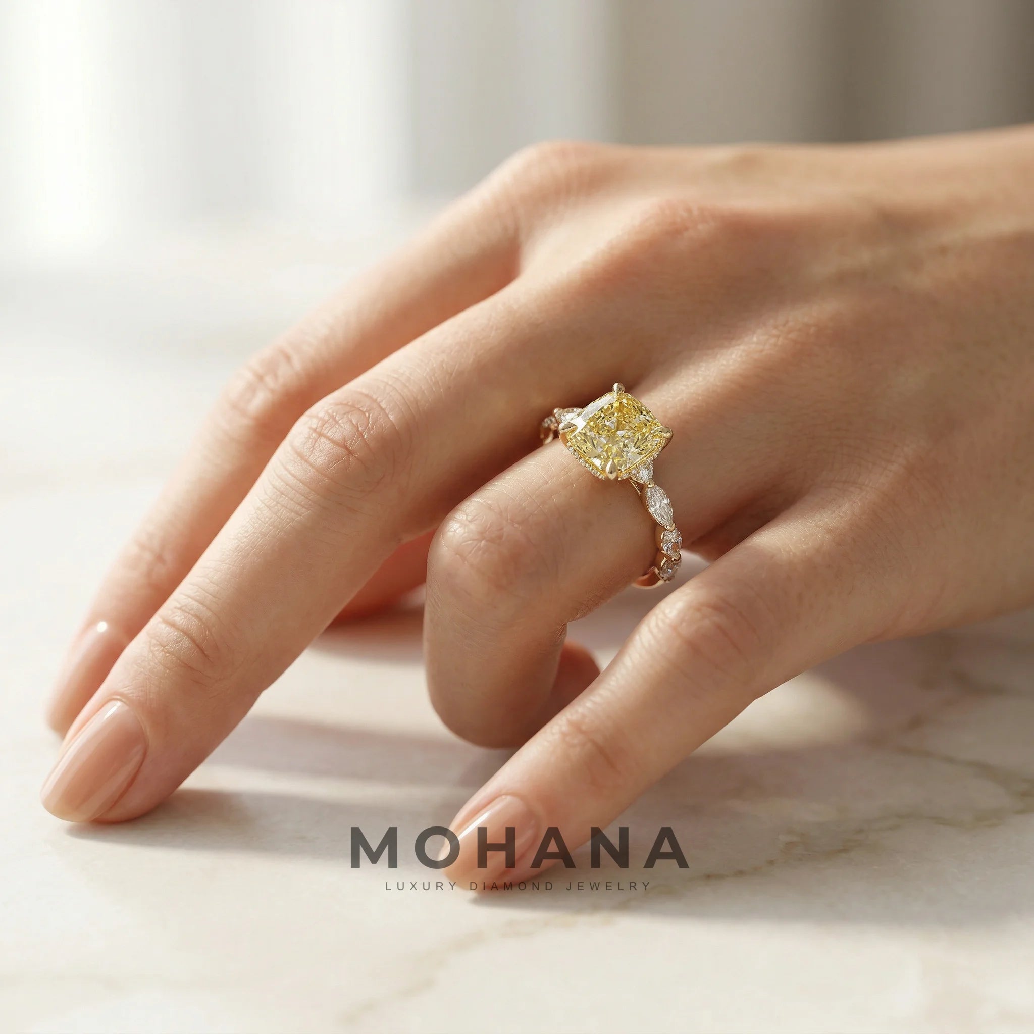 2 Carat Fancy Yellow Cushion Cut Hidden Halo Lab Grown Diamond Engagement Ring