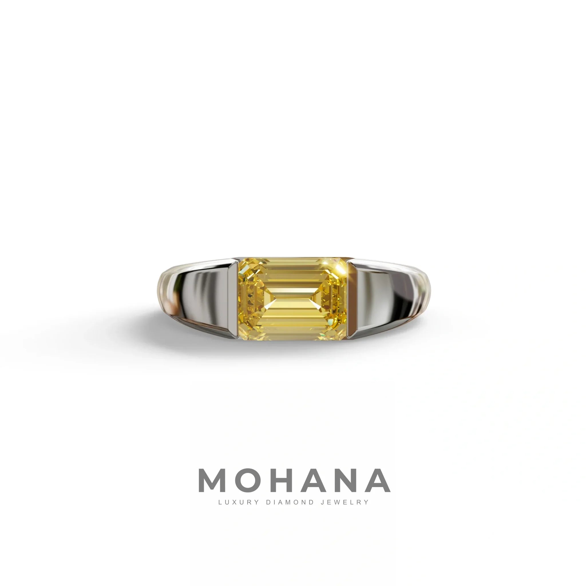 2 Carat Yellow Emerald Cut East West Lab Diamond Ring - Ashleen - 10K Solid Gold / White Gold