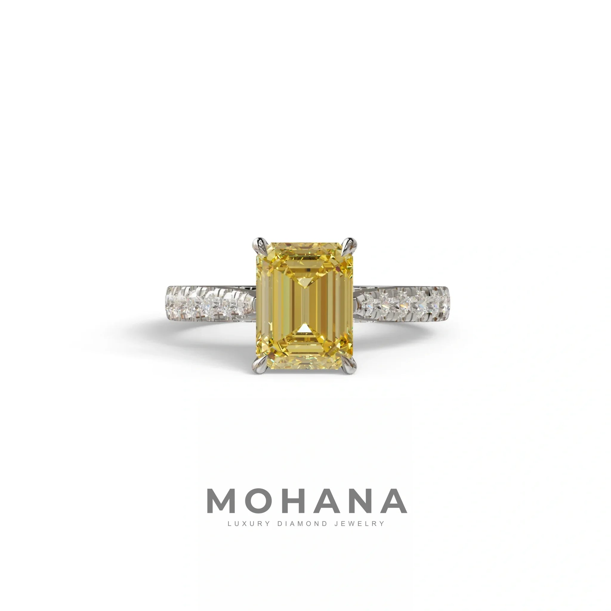 2 Carat Yellow Emerald Cut Hidden Halo & Pave Lab Diamond Ring - Siara - 10K Solid Gold / White Gold