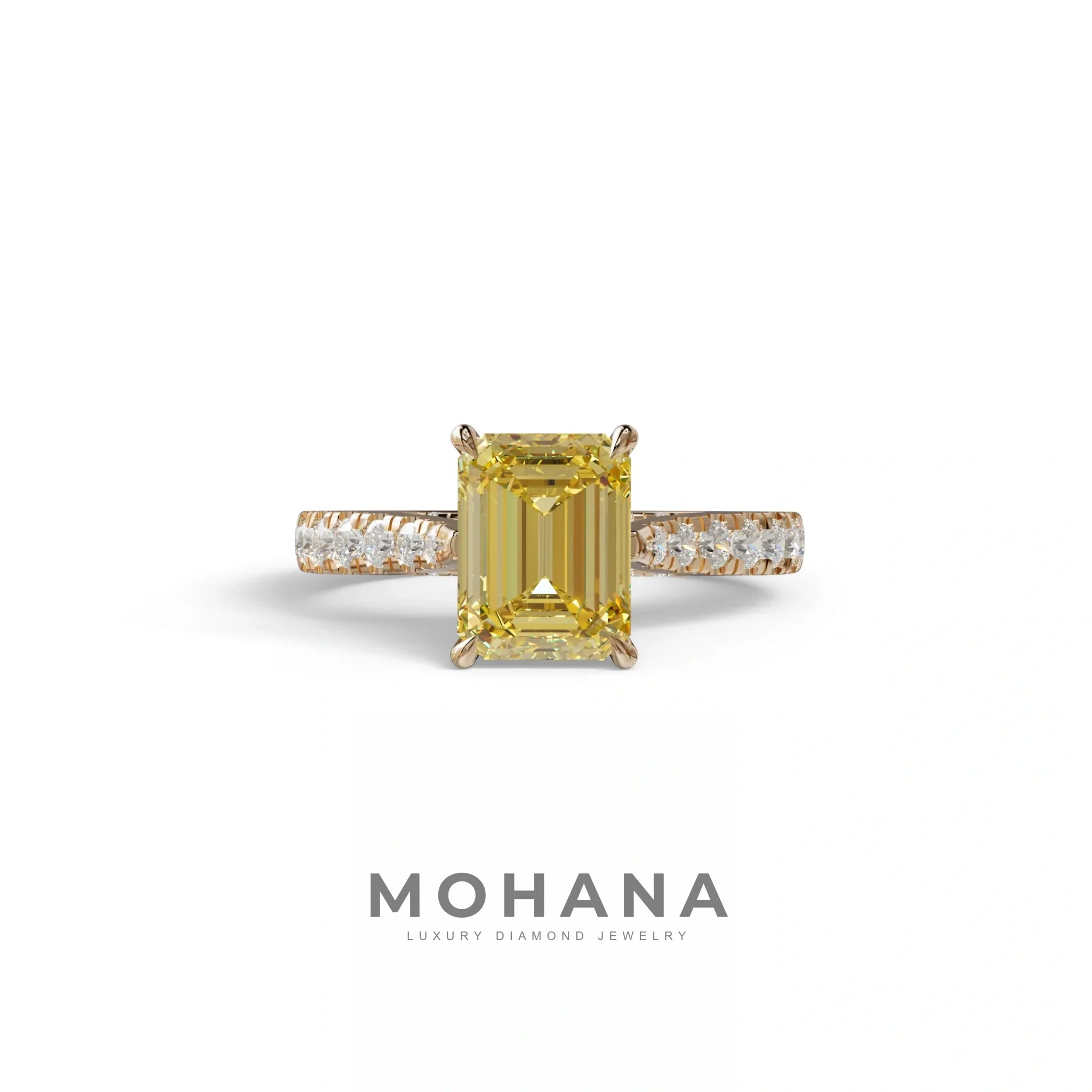 2 Carat Yellow Emerald Cut Hidden Halo & Pave Lab Diamond Ring - Siara - 10K Solid Gold / Rose Gold