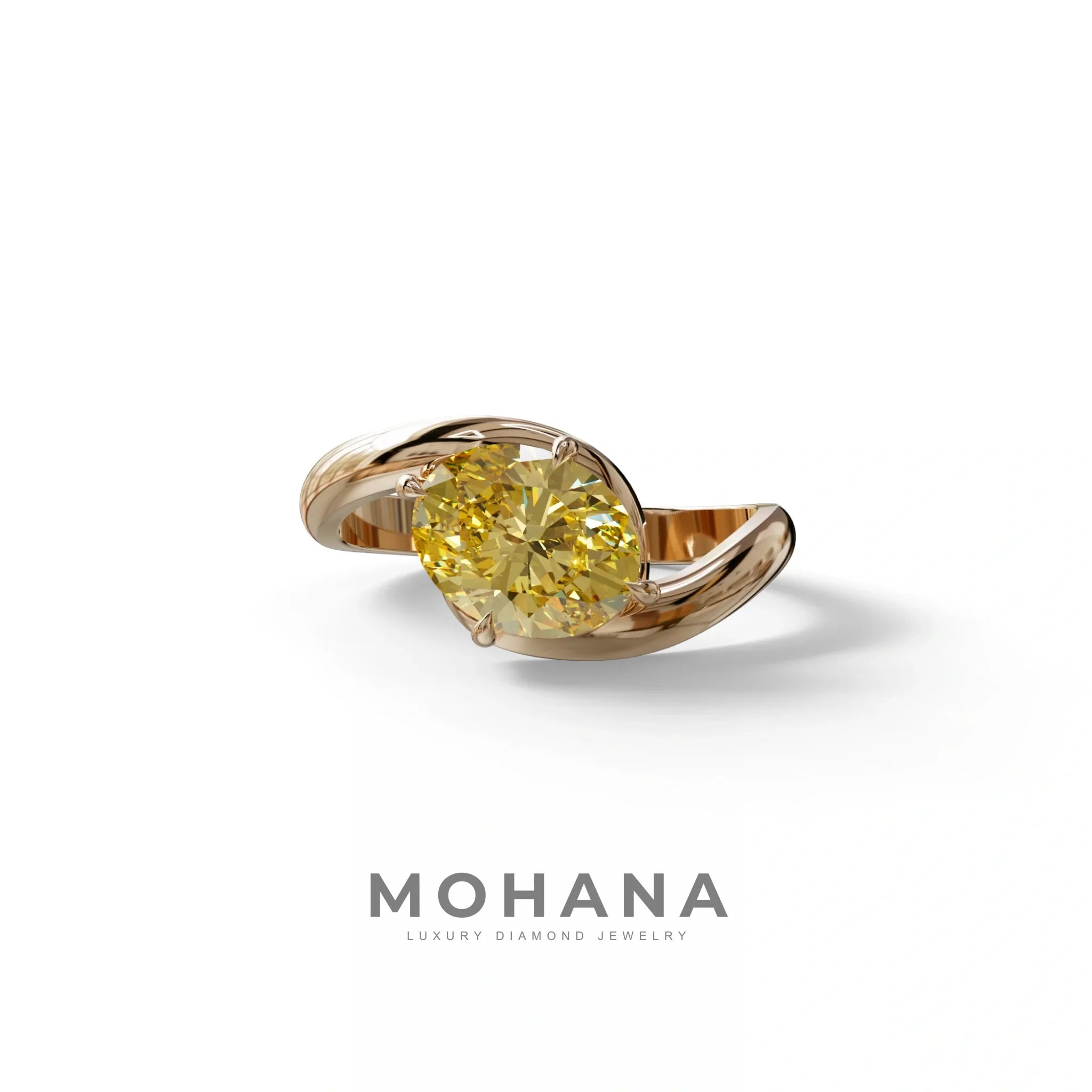 2 Carat Fancy Vivid Yellow Oval Cut Lab Diamond Ring - Estella - 10K Solid Gold / Rose Gold
