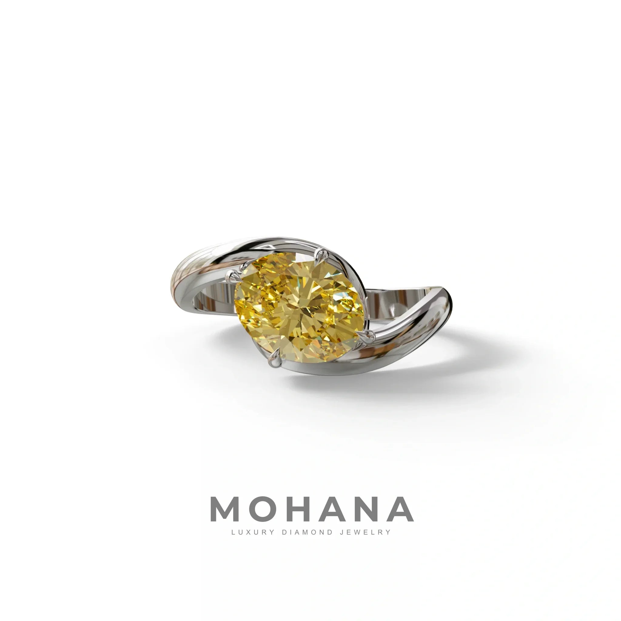 2 Carat Fancy Vivid Yellow Oval Cut Lab Diamond Ring - Estella - 10K Solid Gold / White Gold