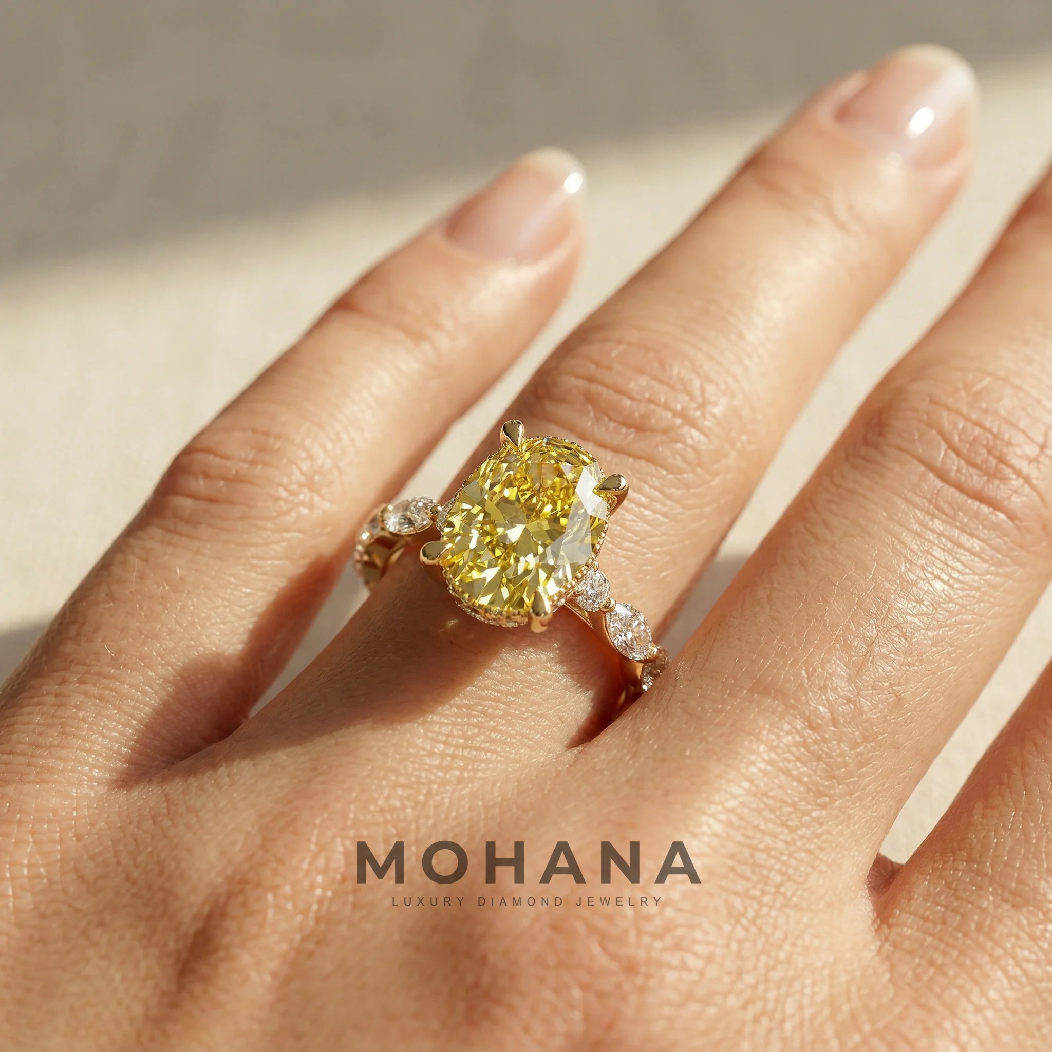 2 Carat Fancy Yellow Oval Cut Hidden Halo & Pave Lab Grown Diamond Engagement Ring