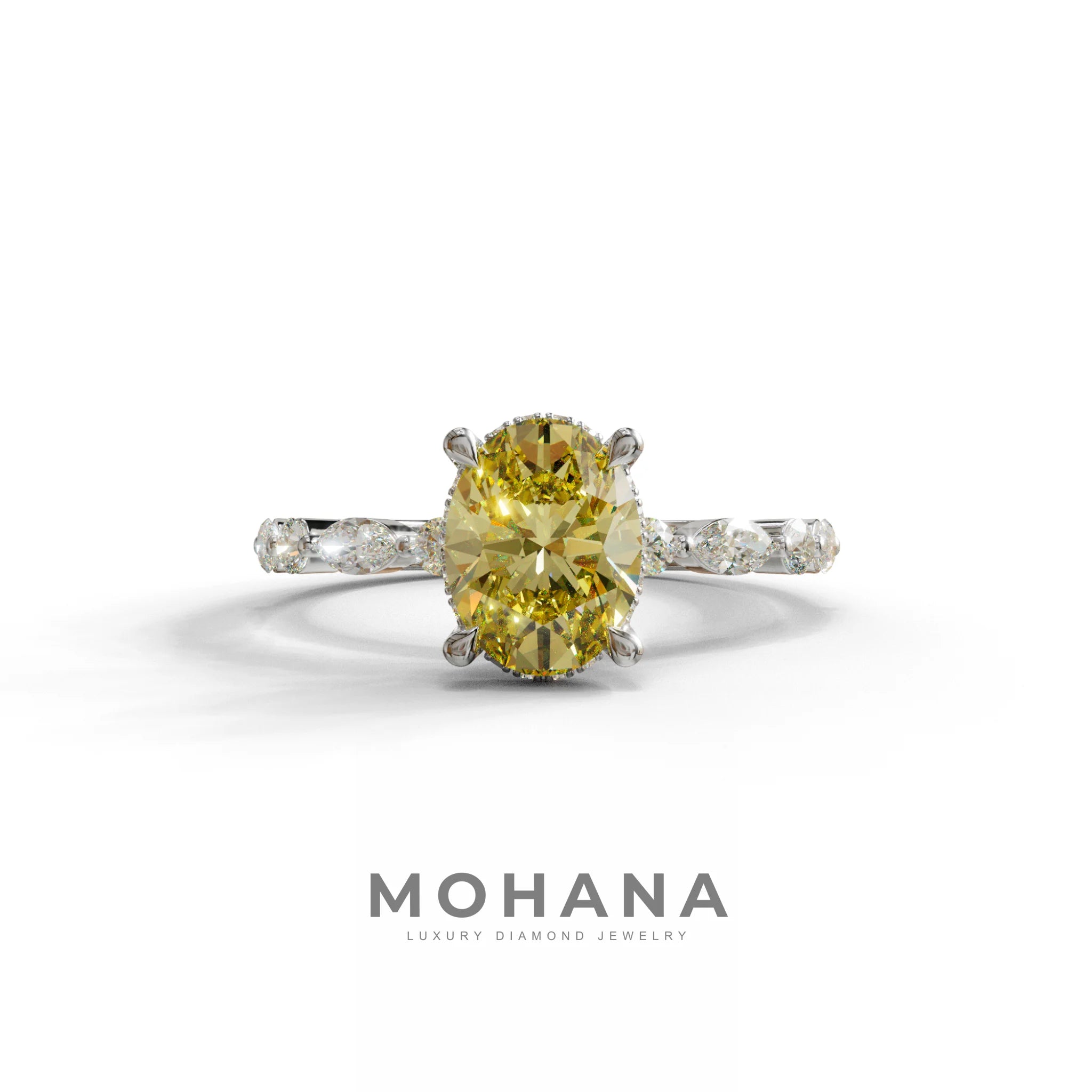 2 Carat Yellow Oval Cut Hidden Halo & Pave Lab Diamond Ring - Laina - 10K Solid Gold / White Gold