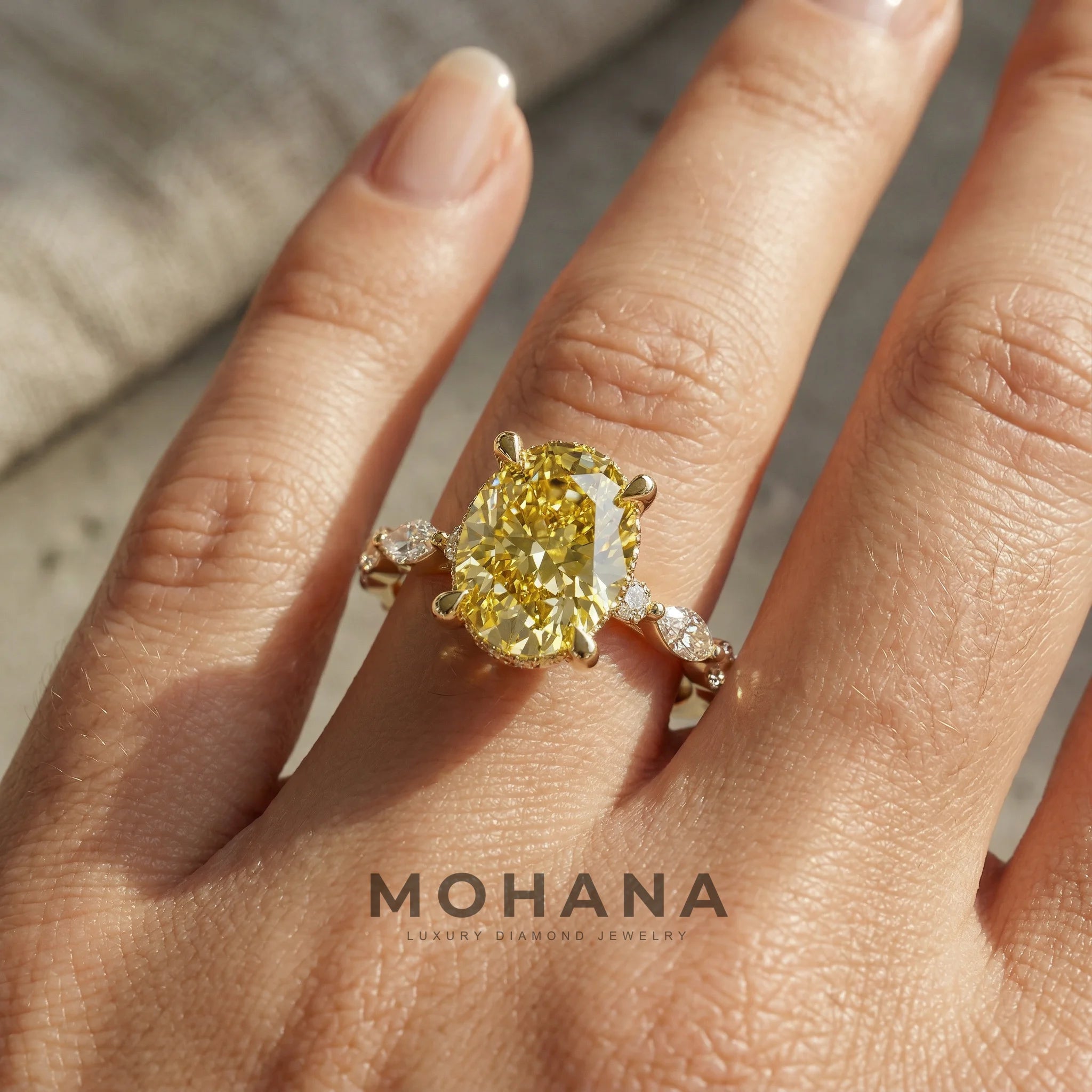 2 Carat Fancy Yellow Oval Cut Hidden Halo & Pave Lab Grown Diamond Engagement Ring