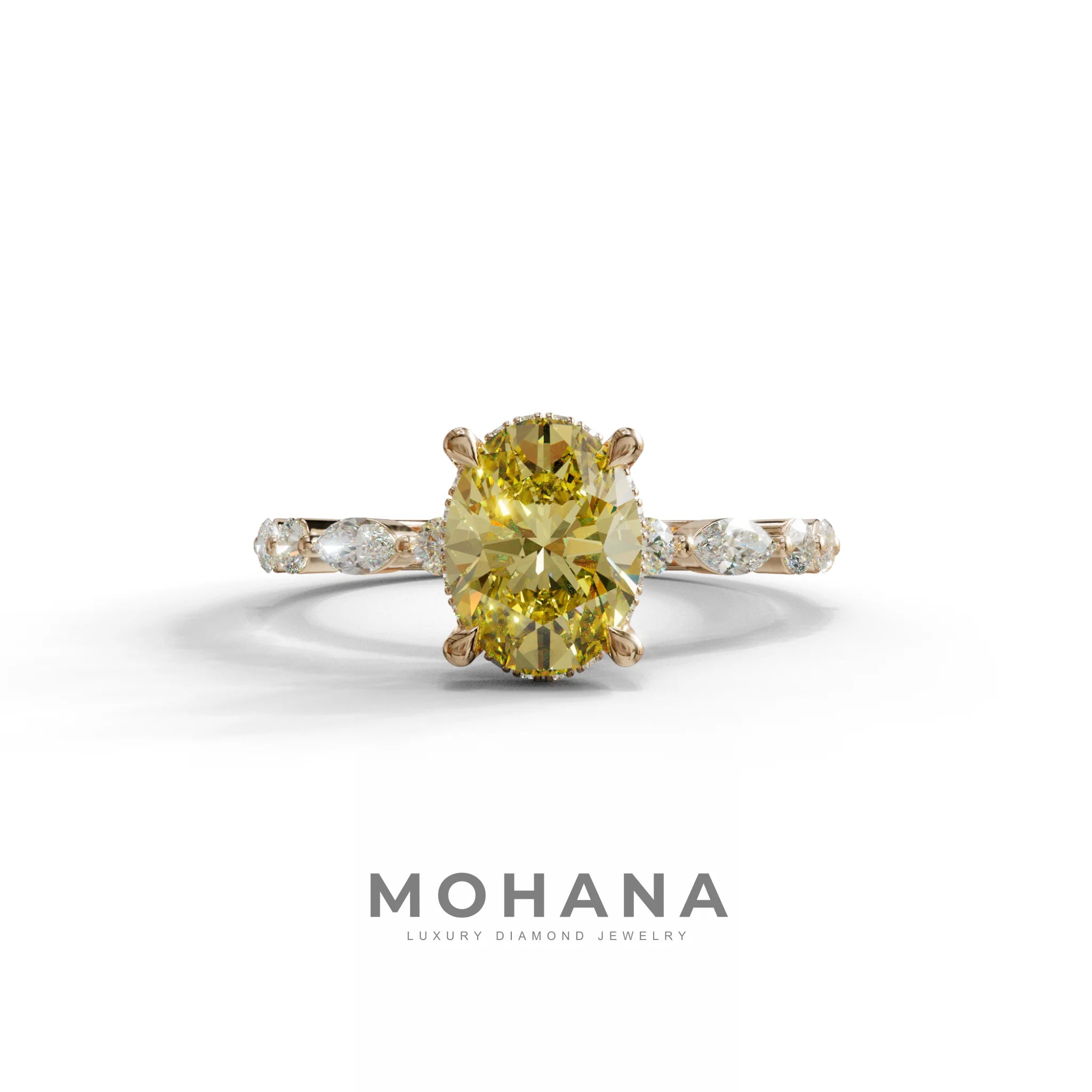 2 Carat Yellow Oval Cut Hidden Halo & Pave Lab Diamond Ring - Laina - 10K Solid Gold / Rose Gold