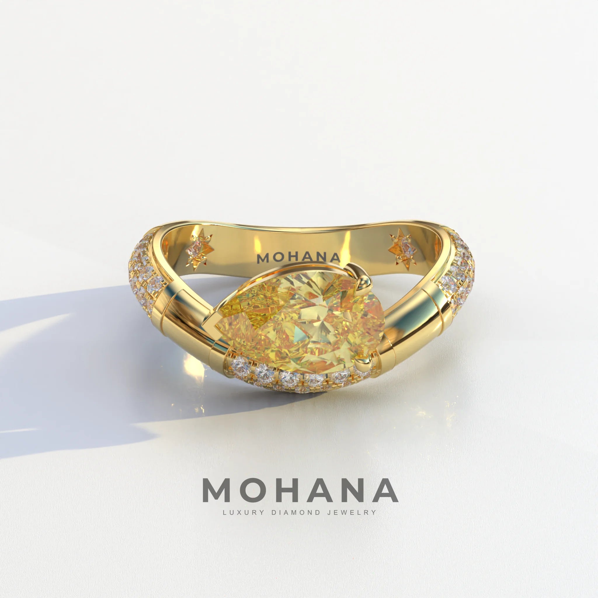 2 Carat East-West Fancy Yellow Pear Cut Lab Diamond Engagement Ring - J’Lure - 10K Solid Gold / Yellow Gold
