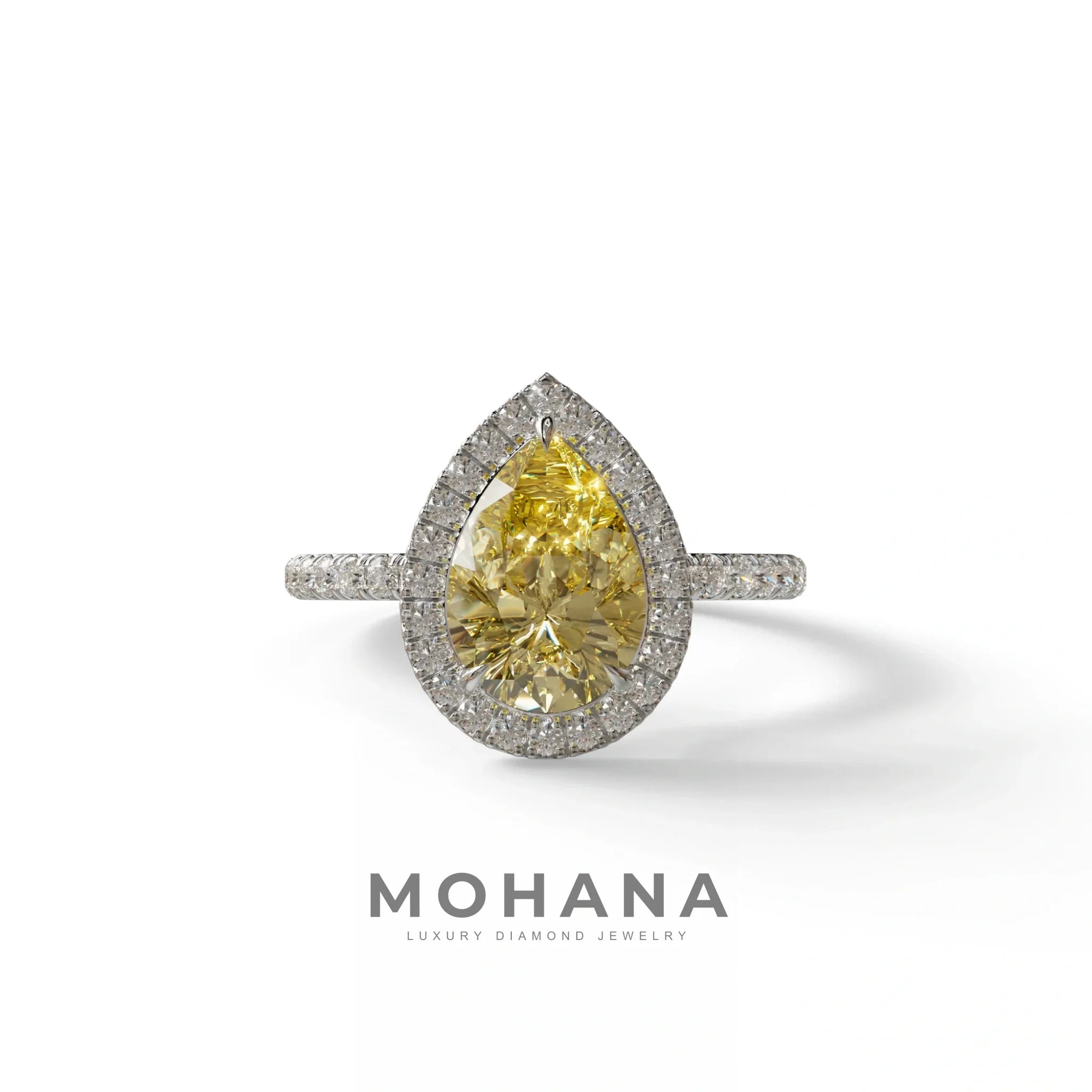 2 Carat Yellow Pear Cut Halo & Pave Lab Diamond Ring - Glam Deck - 10K Solid Gold / White Gold