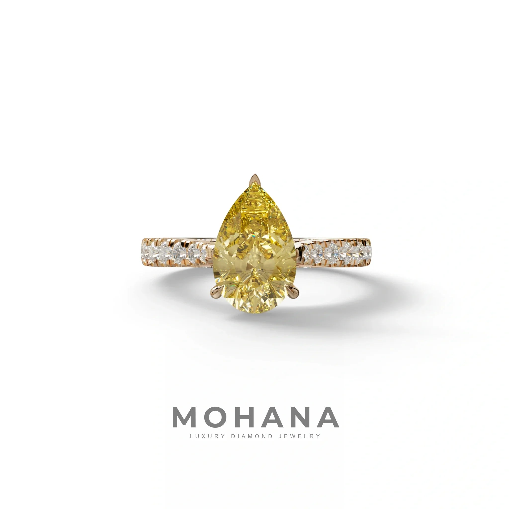 2 Carat Yellow Pear Shaped Hidden Halo Lab Diamond Engagement Ring - Teardrop - 10K Solid Gold / Rose Gold
