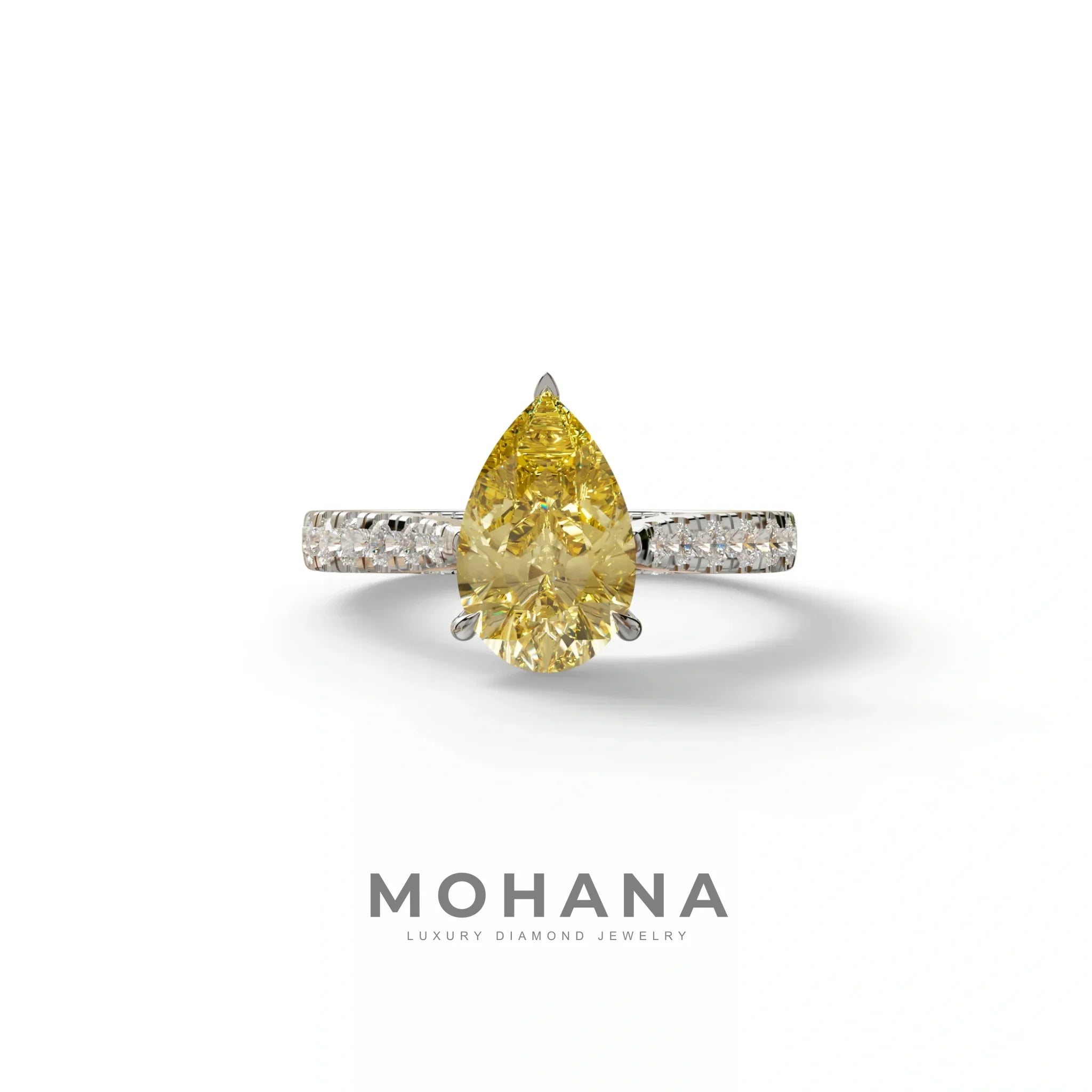 2 Carat Yellow Pear Shaped Hidden Halo Lab Diamond Engagement Ring - Teardrop - 10K Solid Gold / White Gold